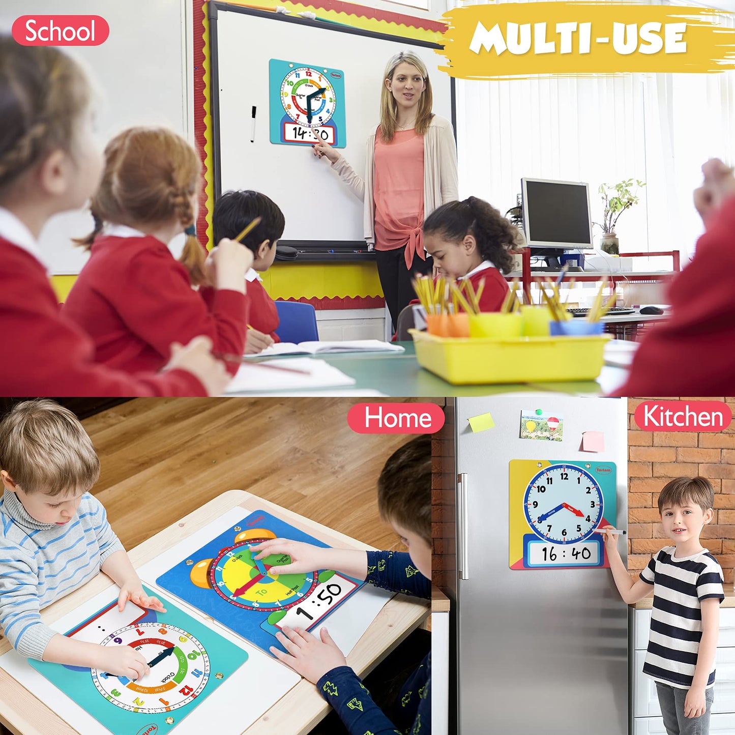 Torlam Magnetic Writable Dry Erase Learning Clock – 12-Inch Rainbow Demonstration Clock for Kids Tell Time
