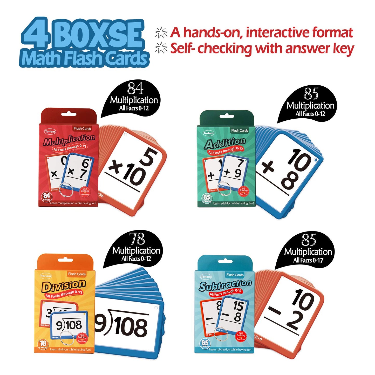 Torlam Multi Math Flash Cards for Kids 4-8 – Addition, Subtraction, Multiplication & Division | 332 Cards with 4 Rings