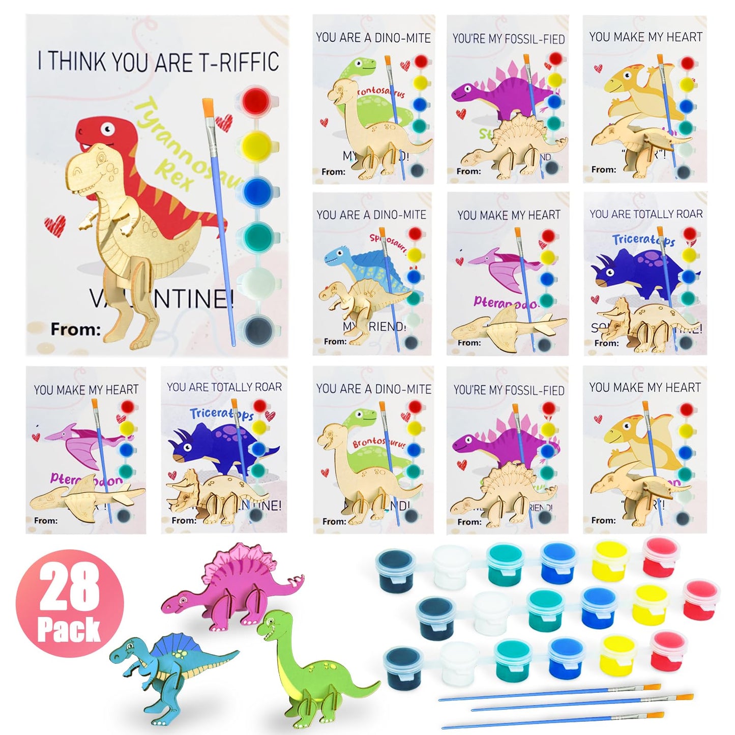 TORONTOKYO Valentines Day Gifts for Kids | 28 Dino Wood Painting Craft Kits