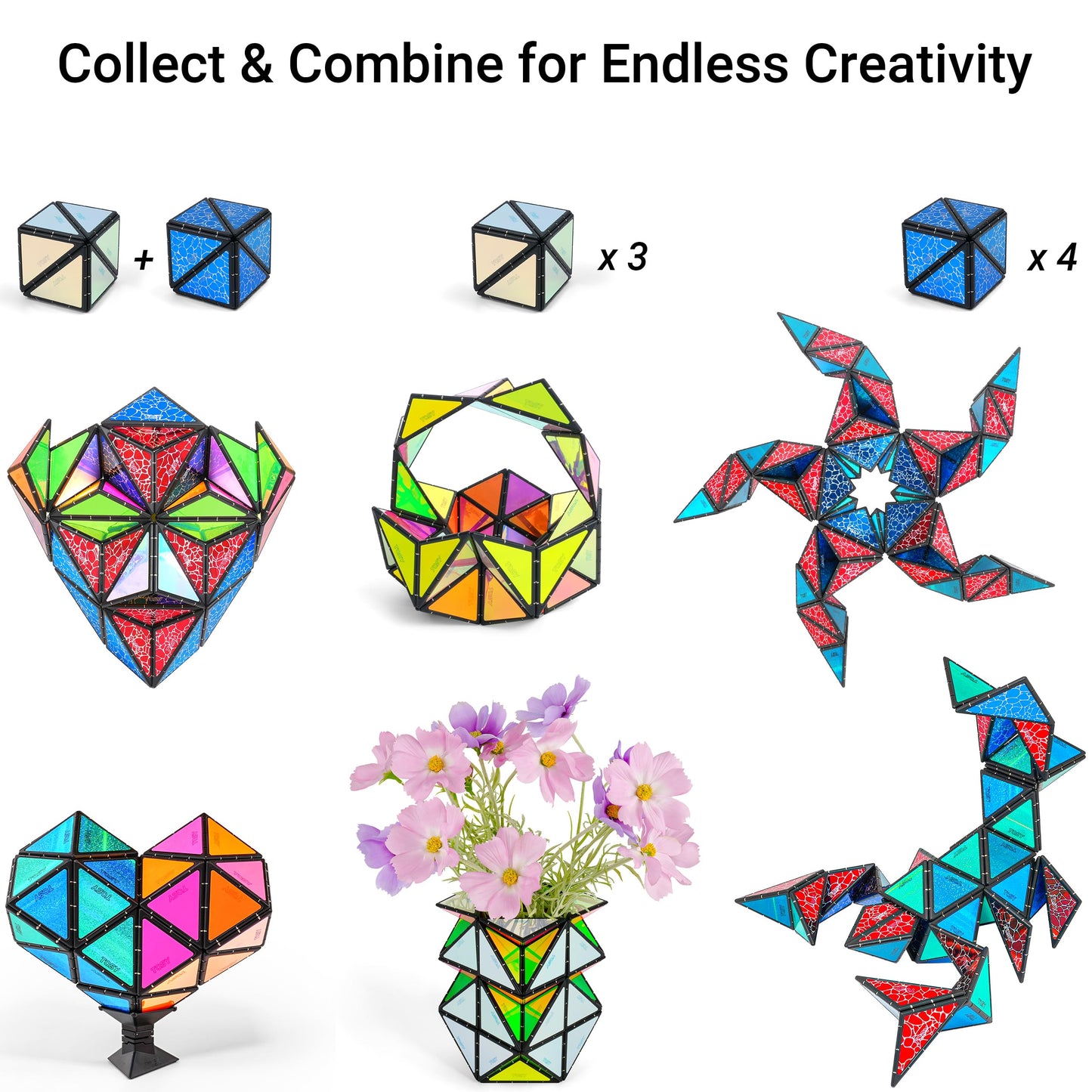 TOSY Magnet Pyramid Glow - 1 Cube to 1 Billion Shapes, 243 Magnets, Glowing Holographic STEM Puzzle Toy (3-pack)