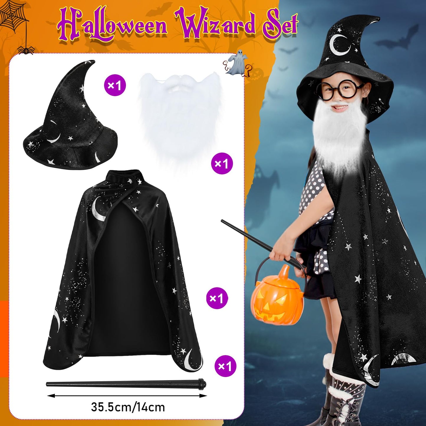 Toulite Wizard Cape for Kids 3-16 | Glow Wand, Hat & Beard Set (Black)