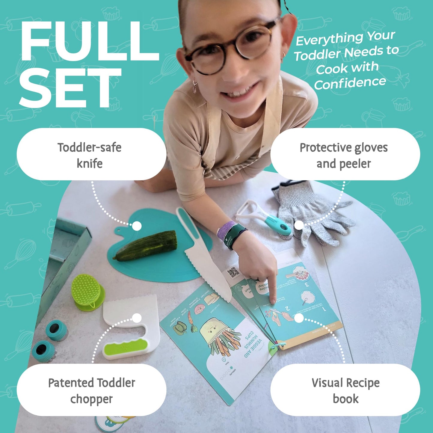 Tovla Jr. Toddler Cutting Set – Real Knife & Chopper with Safety Gloves for Ages 3–8 | Montessori Kitchen Tools