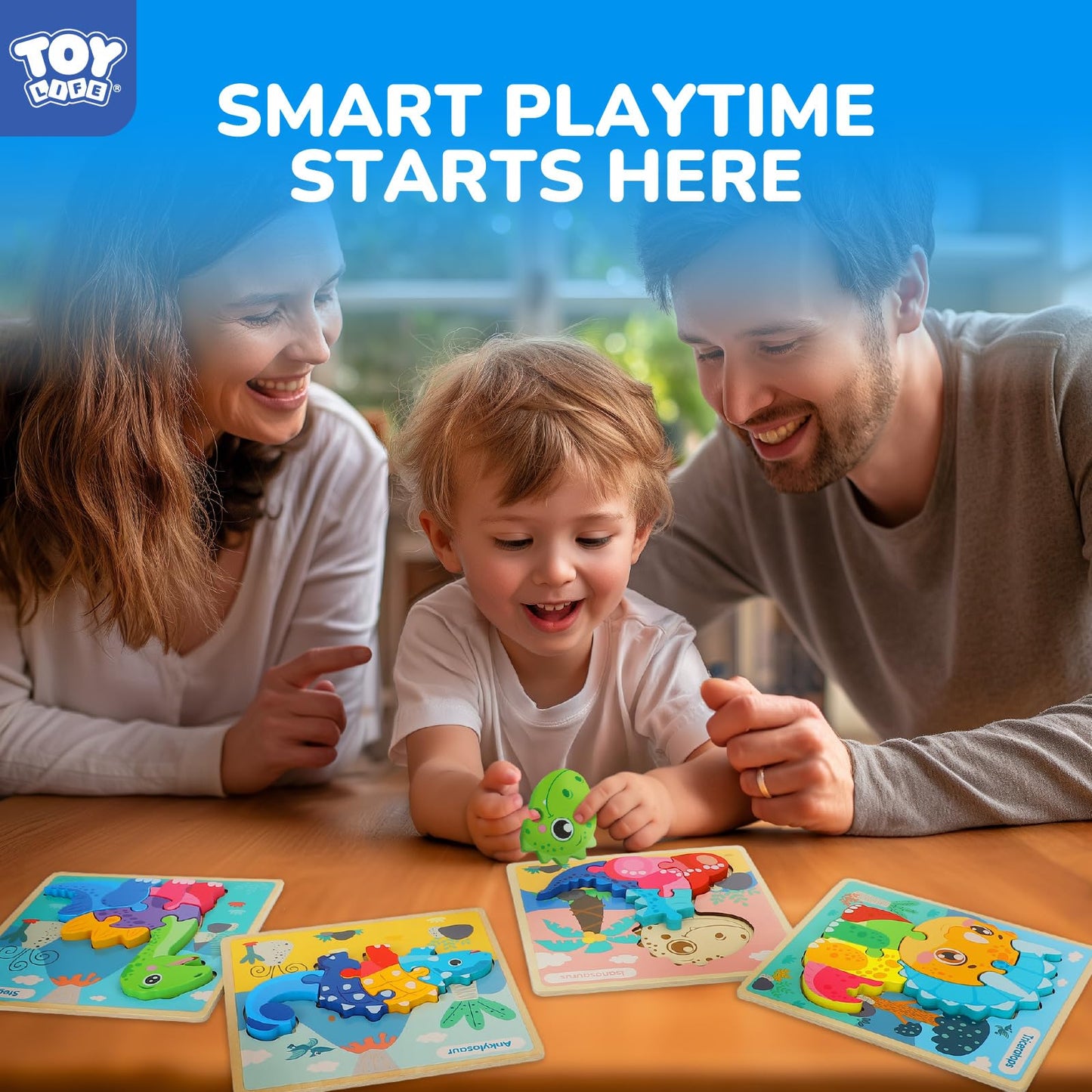 TOY Life Wooden Puzzles for Toddlers – 6-Pack Dinosaurs Montessori Toy for 1-4 Year Olds