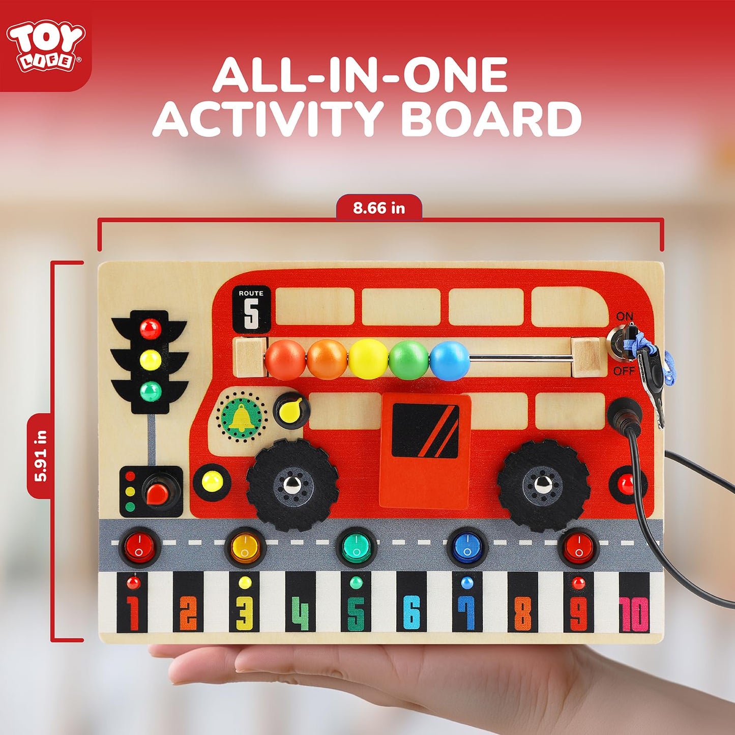 TOY Life Montessori Busy Board – Wooden Bus Sensory Toy with LED Switches