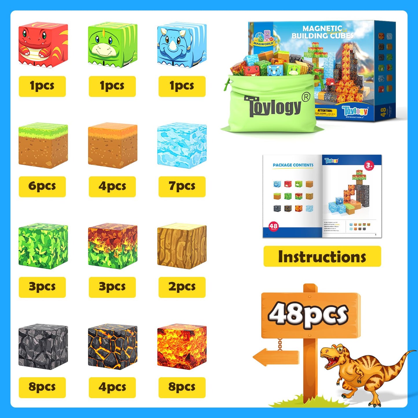 Toylogy Magnetic Blocks - Build Mine Magnet World Dino Edition | STEM Dinosaur Toy for Kids 3-8