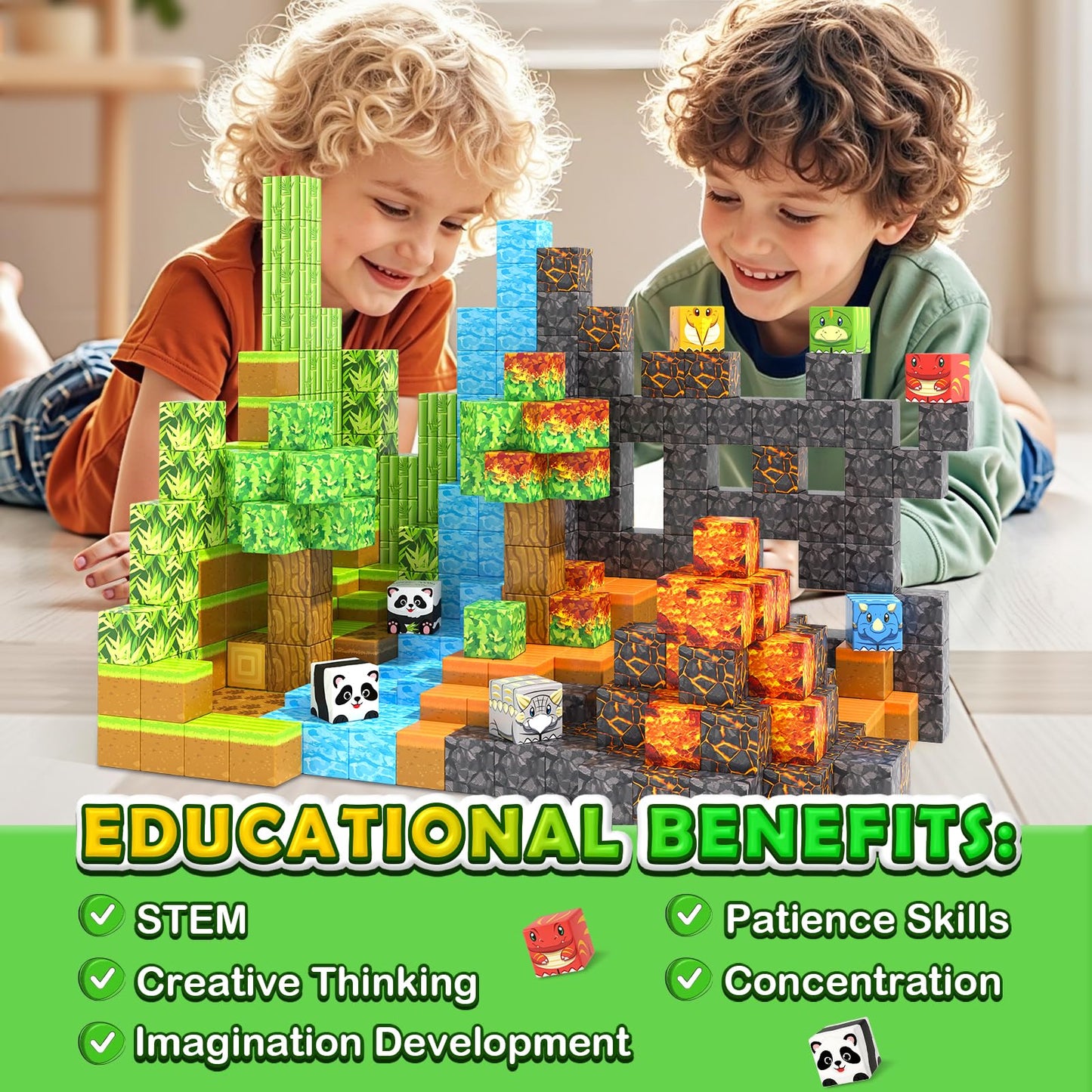 Toylogy Magnetic Blocks Mine World: Dino & Panda 84-Piece STEM Building Set