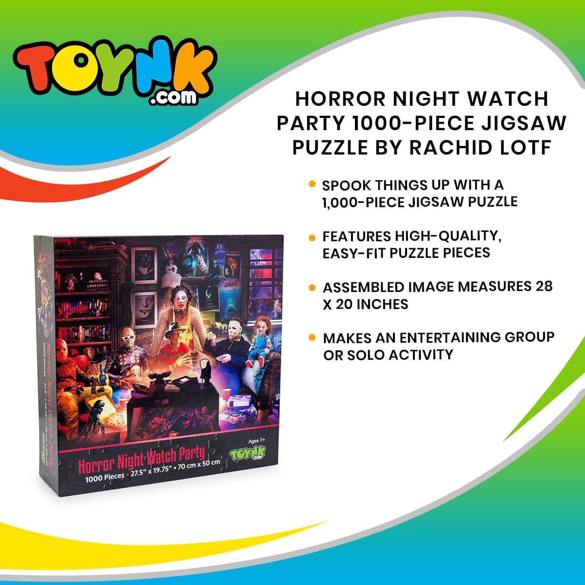 Toynk Horror Night Watch Party 1000-Piece Jigsaw Puzzle by Rachid Lotf | Spooky Movie Icons for Adults, 28 x 20 Inches