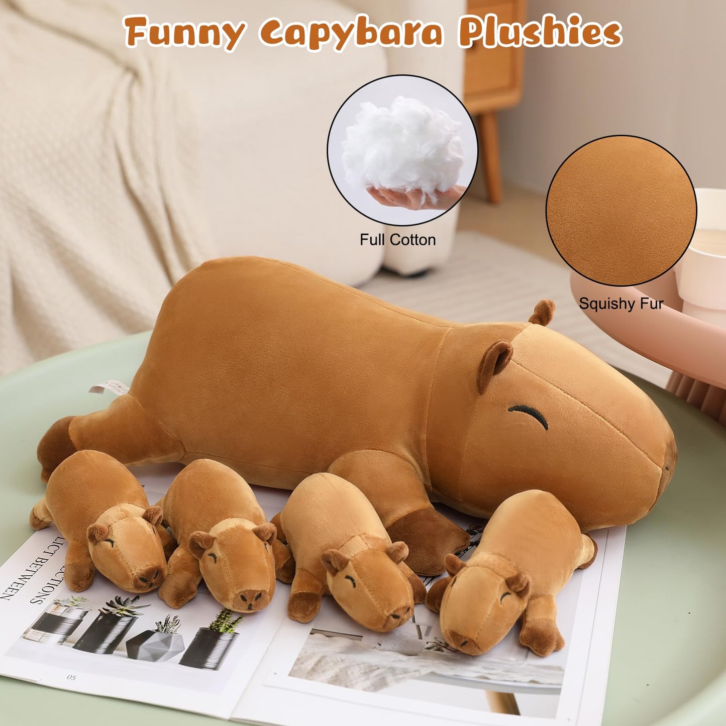 TOYSYM Capybara Plush with 4 Removable Babies – Cozy Sleep Pillow Toy