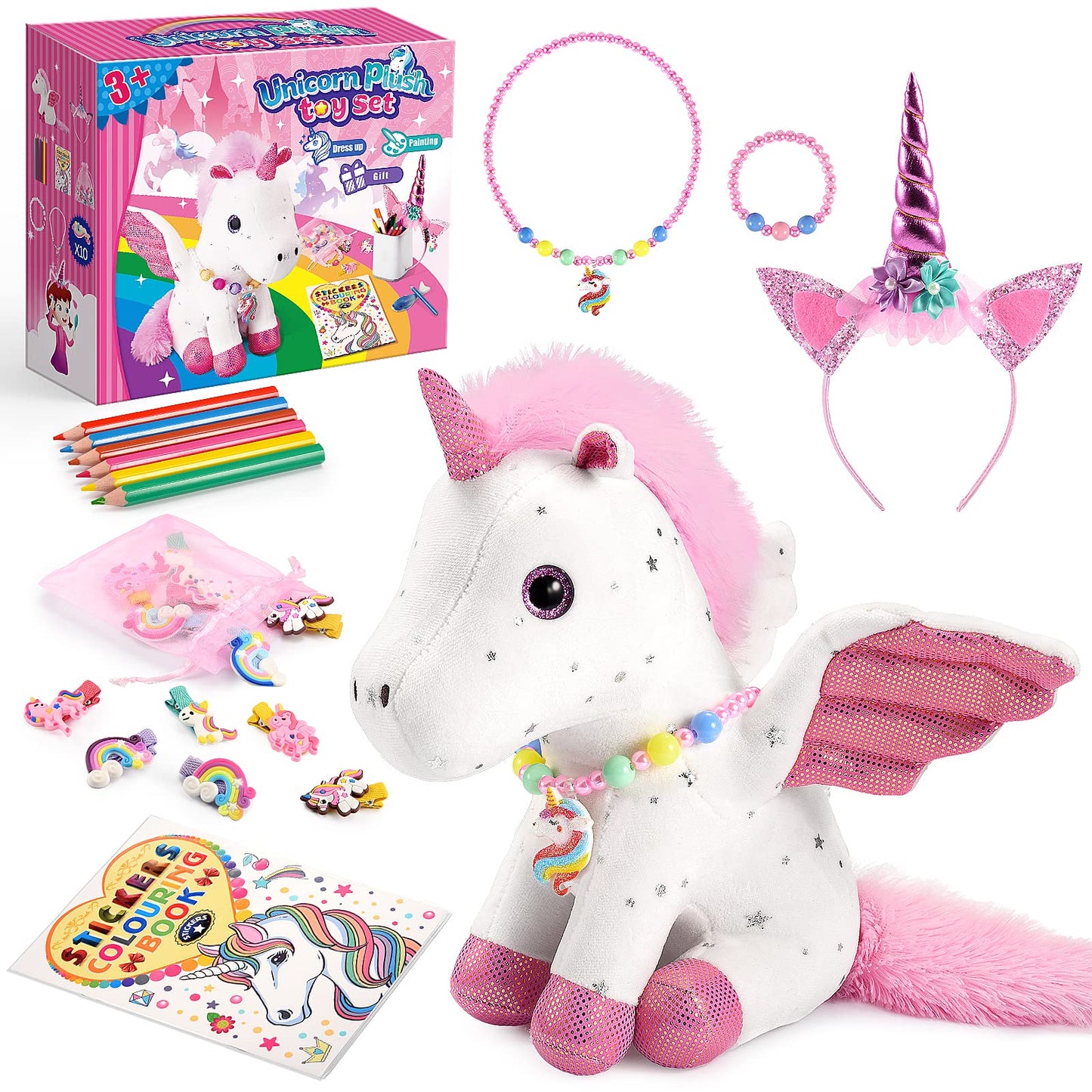 Toyze 21-Piece Unicorn Gift Set for Girls 3-8 | Plush, Dress-Up & Craft Kit