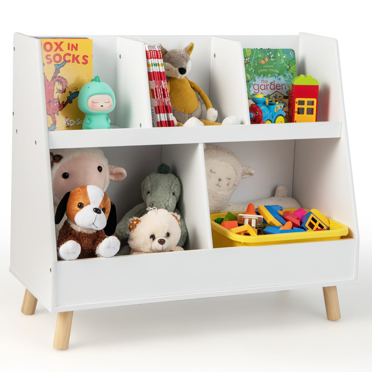 5-Cube Kids Bookshelf and Toy Organizer with Solid Wood Legs and Anti-Tipping Kits-Natural