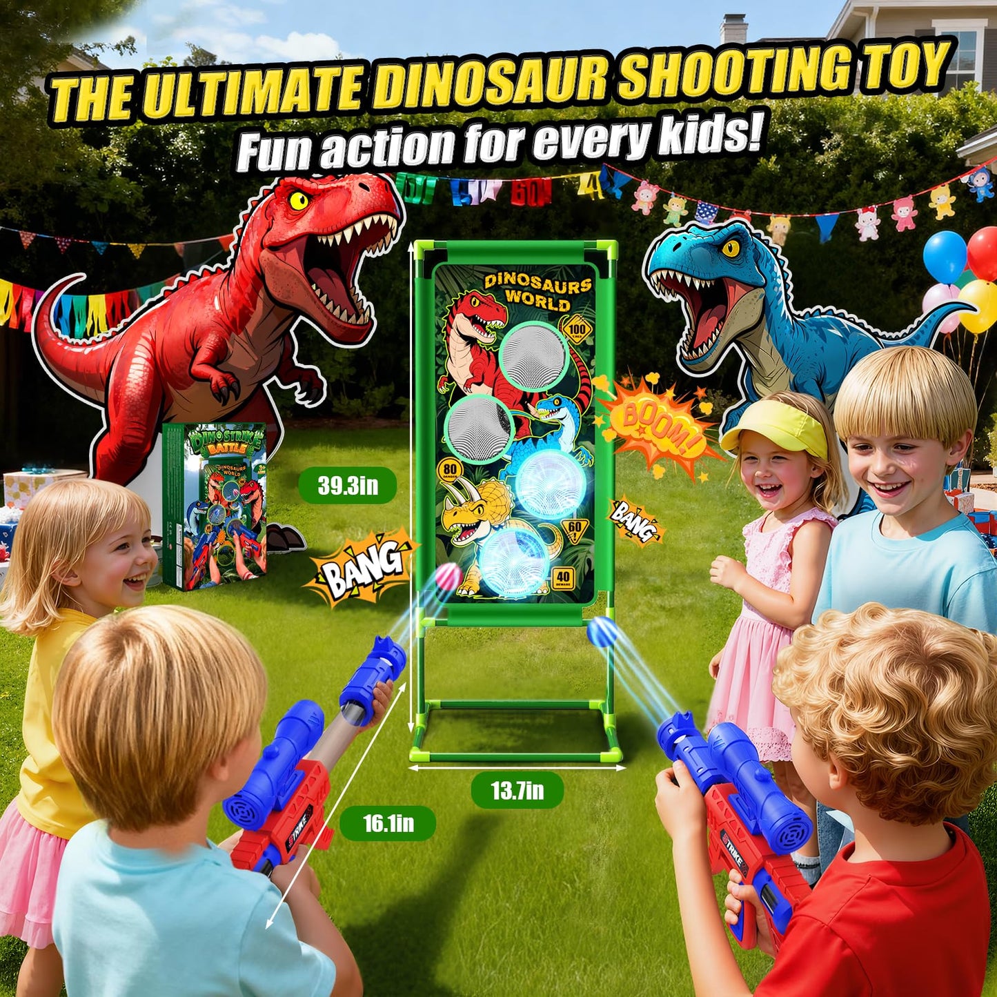 Tqeieu Dinosaur Shooting Game Toys — 2 Air Pump Launchers, 3 Dinosaurs, 24 Foam Balls