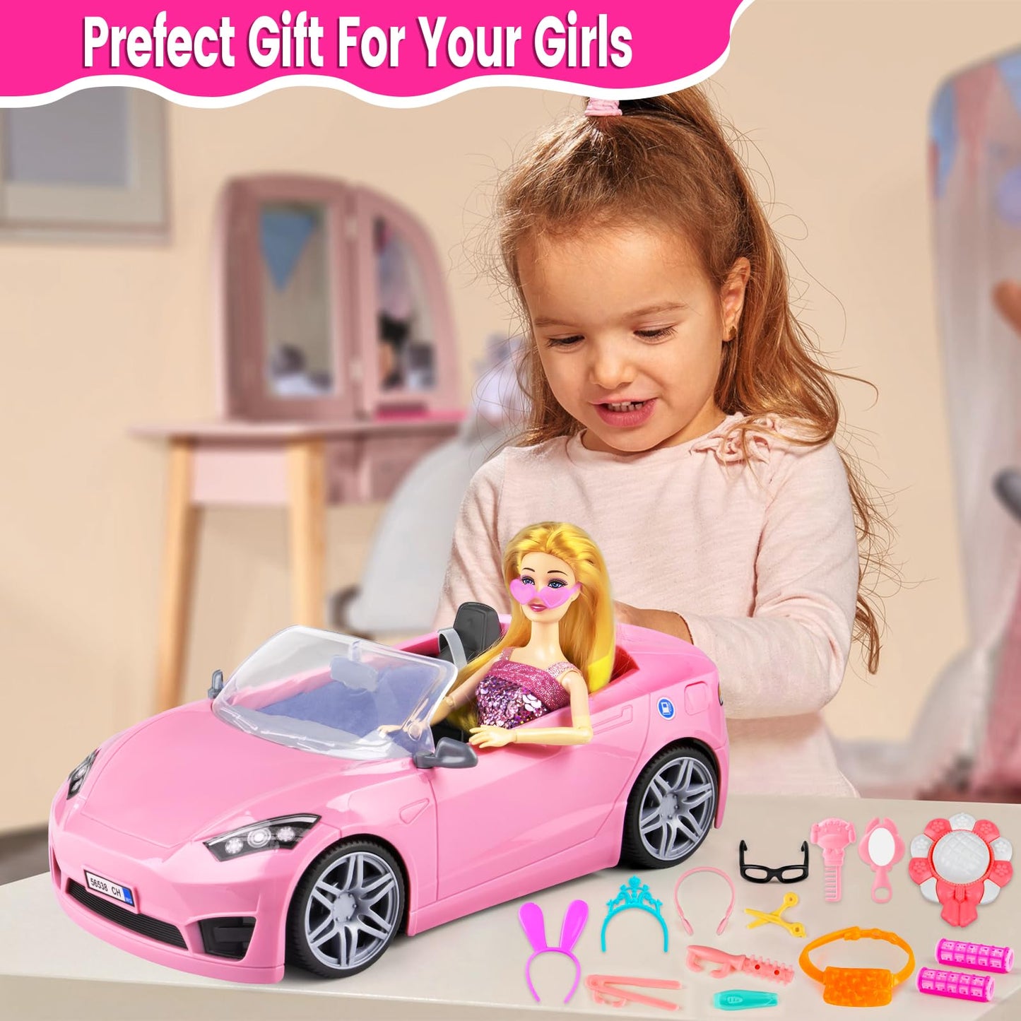 TQRAZ 76 Pcs Doll Playset with Convertible Car – 11.5-Inch Doll, Dresses & Accessories