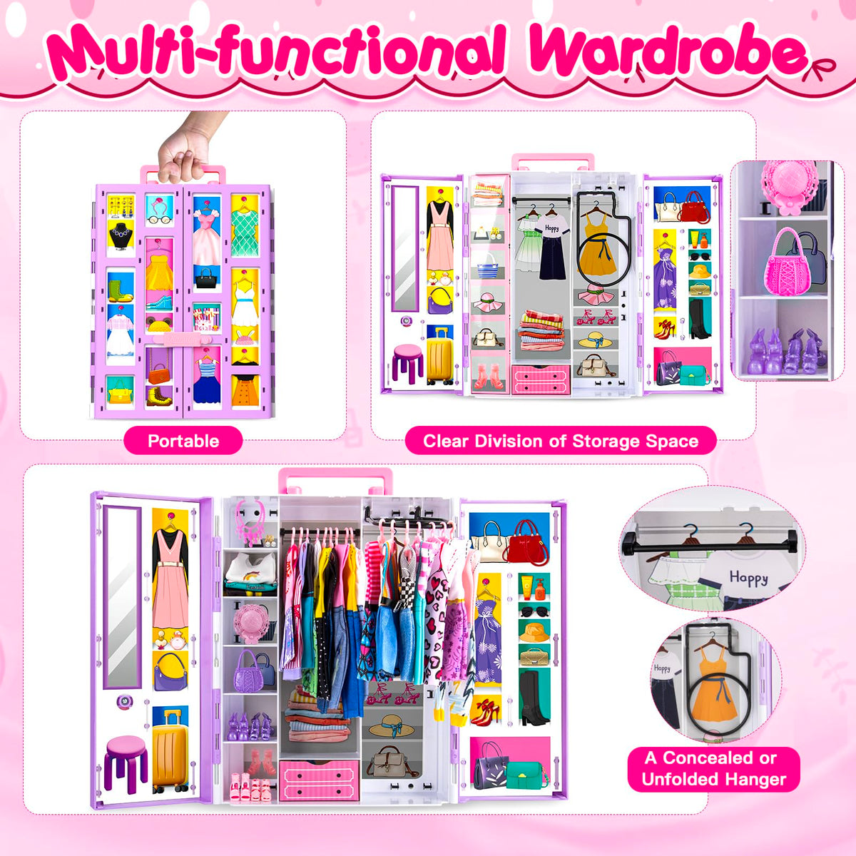 TQRAZ 164 Pcs Doll Closet & 11.5-Inch Doll Clothes Set | Camping, Princess Dresses, Beach & Diving Gear