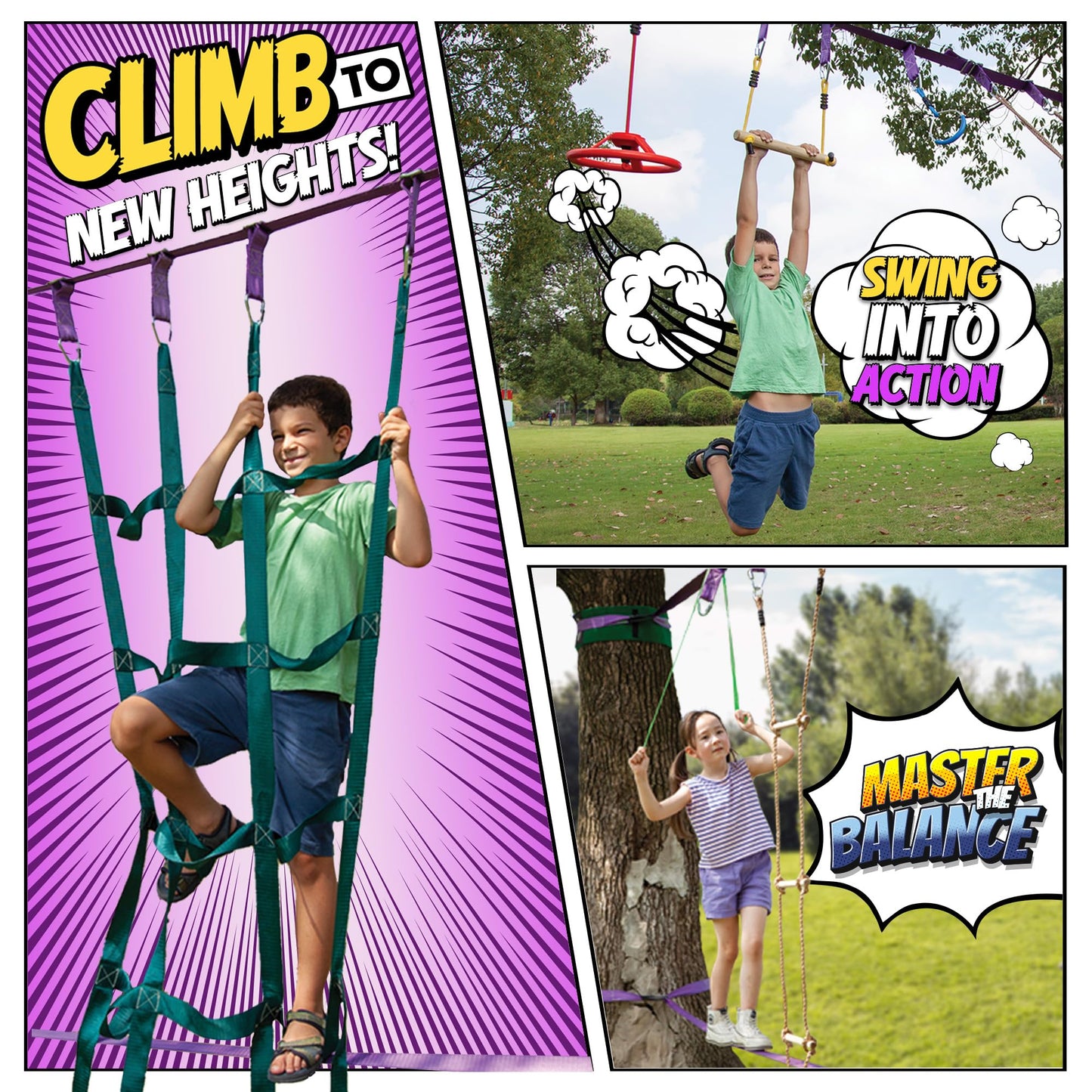 Trailblaze Ninja Warrior Obstacle Course for Kids - 2x55 Ft Outdoor Ninja Slackline & Climbing Net