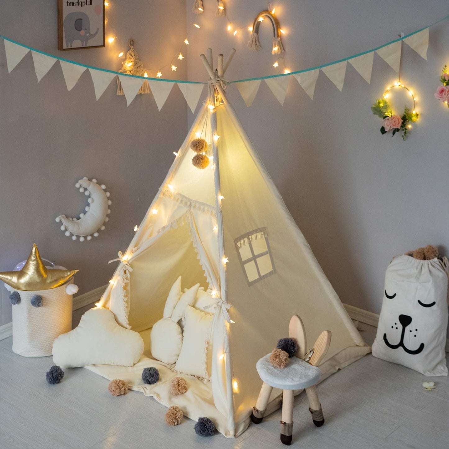 TreeBud Kids Teepee Tent with Padded Mat and Fairy Lights – Cozy Private Play Space