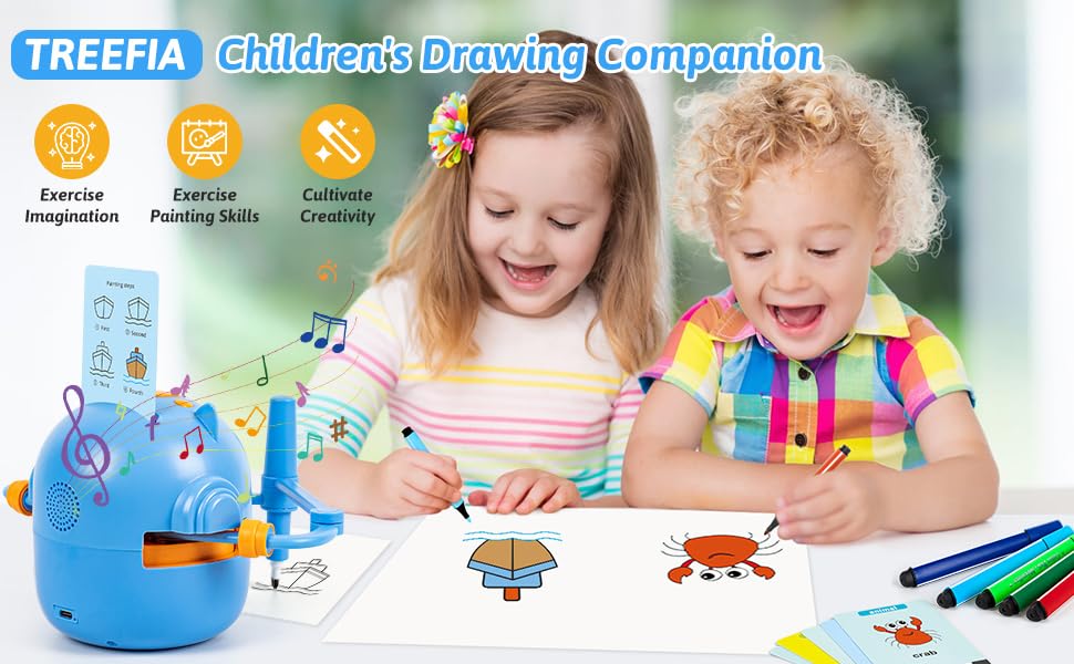 TREEFIA Drawing Robot for Kids – Interactive Educational Toy with 100 Cards & 16 Pens (Blue) | Ages 3+