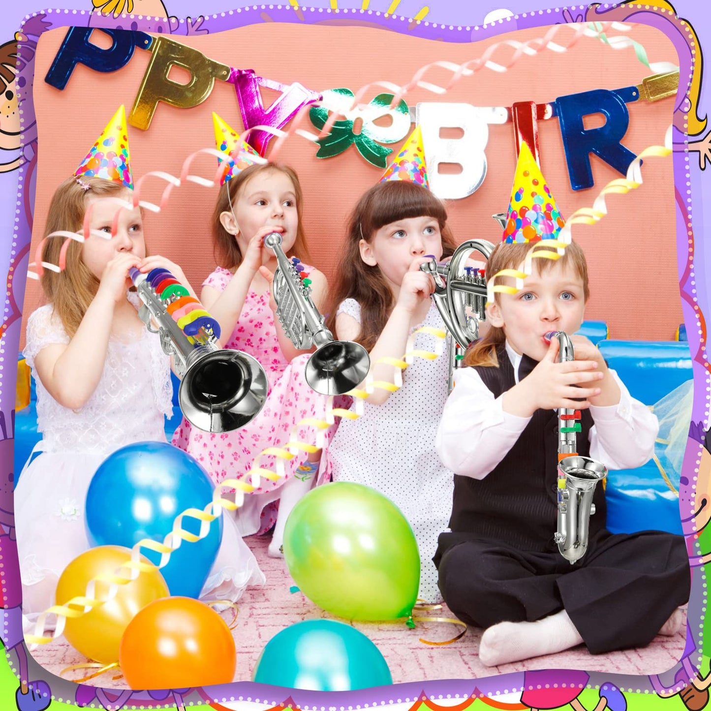 Treela 4-Piece Kids Toy Instrument Set – Clarinet, Sax, Trumpet & Horn (Silver)