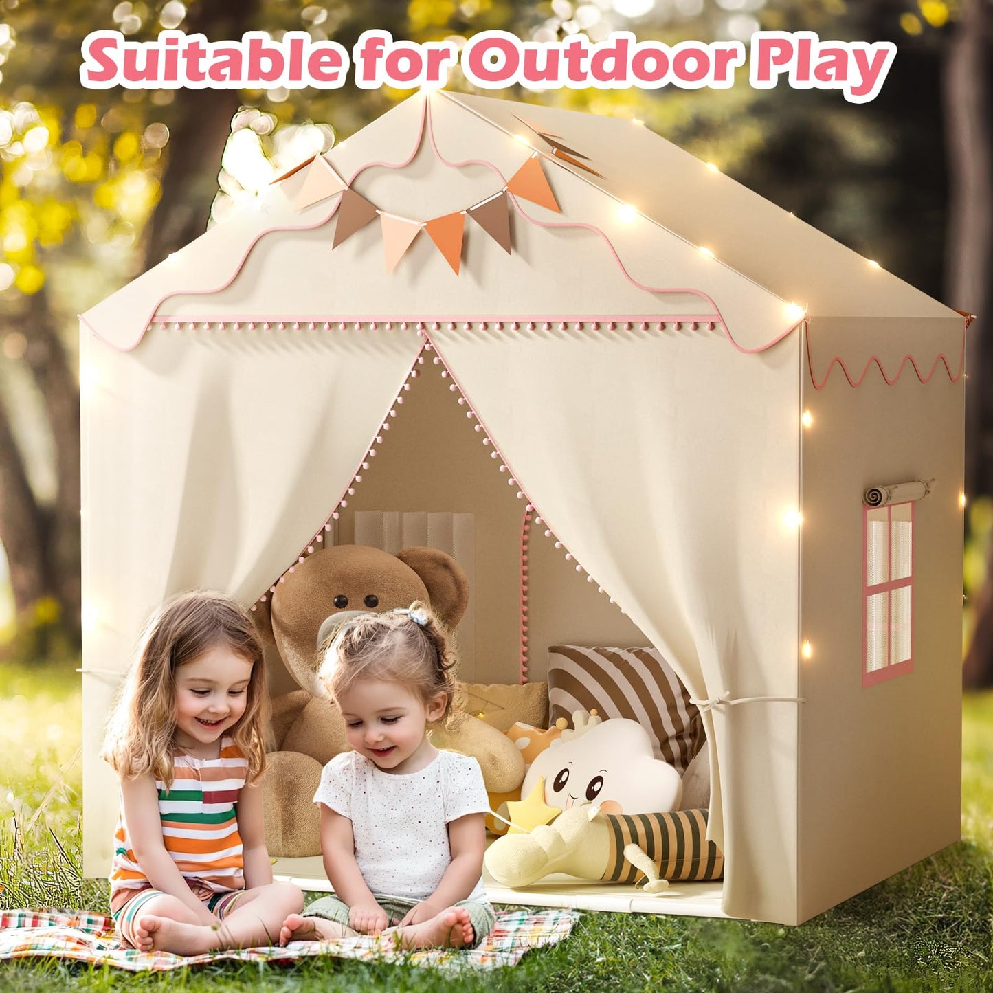 TreeStone 2-Door Kids Play Tent with Padded Mat & Light — Large Indoor/Outdoor Playhouse