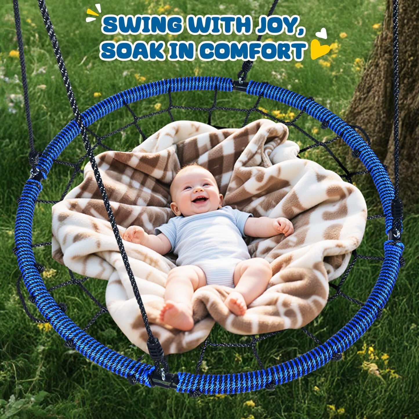Trekassy 750lbs 40-inch Spider Web Saucer Tree Swing – Outdoor Net Swing with Steel Frame & 2 Straps (Blue)