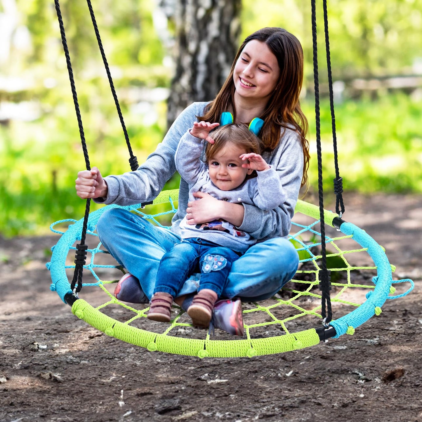 Trekassy 750lbs Spider Web Saucer Swing - 40-inch Steel Frame, Outdoor Net Swing with Straps (Blue & Green)