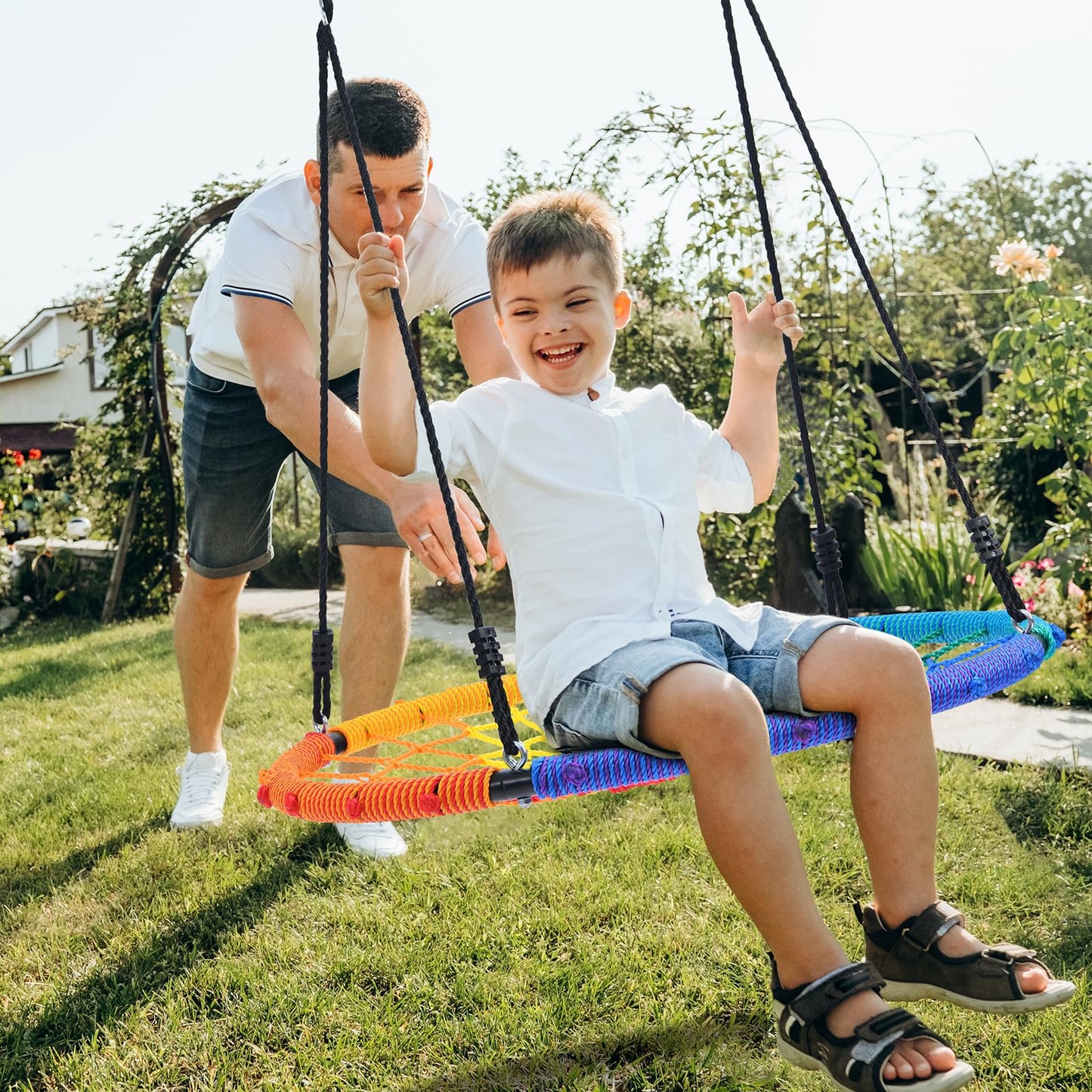 Trekassy 750lbs 40-inch Spider Web Saucer Swing – Rainbow Outdoor Net Swing