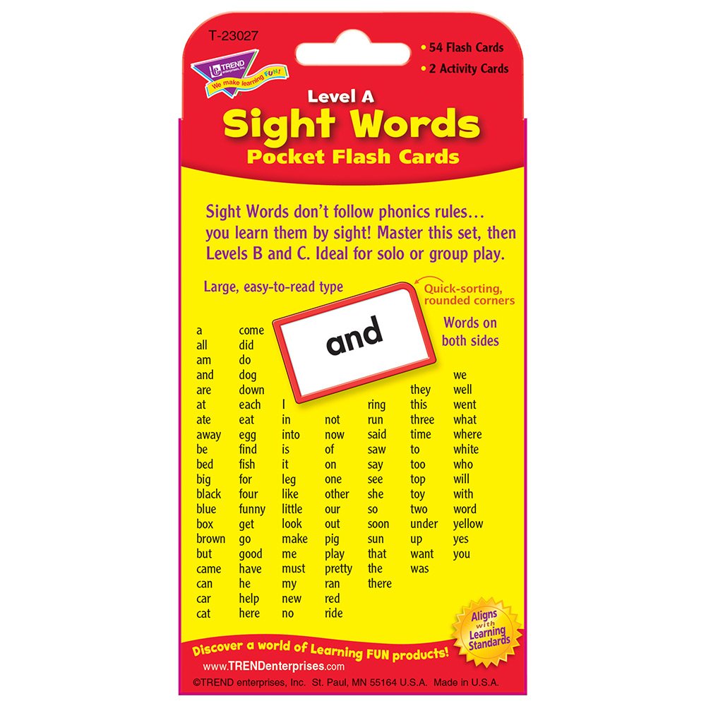 Trend Enterprises Sight Words Level A Pocket Flash Cards – 56 Two-Sided Cards, 108 Common Words, Ages 4+