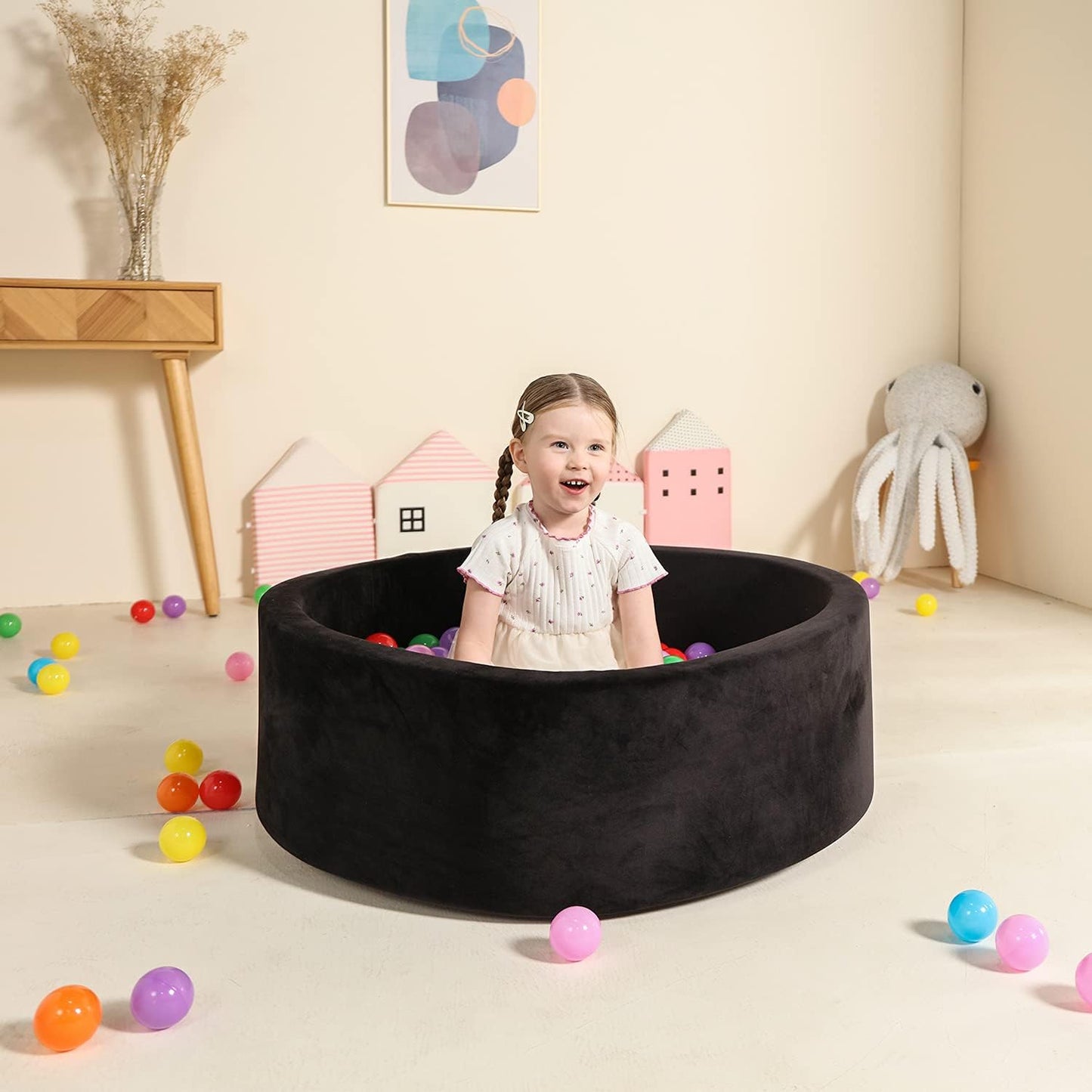 TRENDBOX Foam Ball Pit for Toddlers — 35x11 in Velvet-Cover Play Space (Balls Not Included) – Black