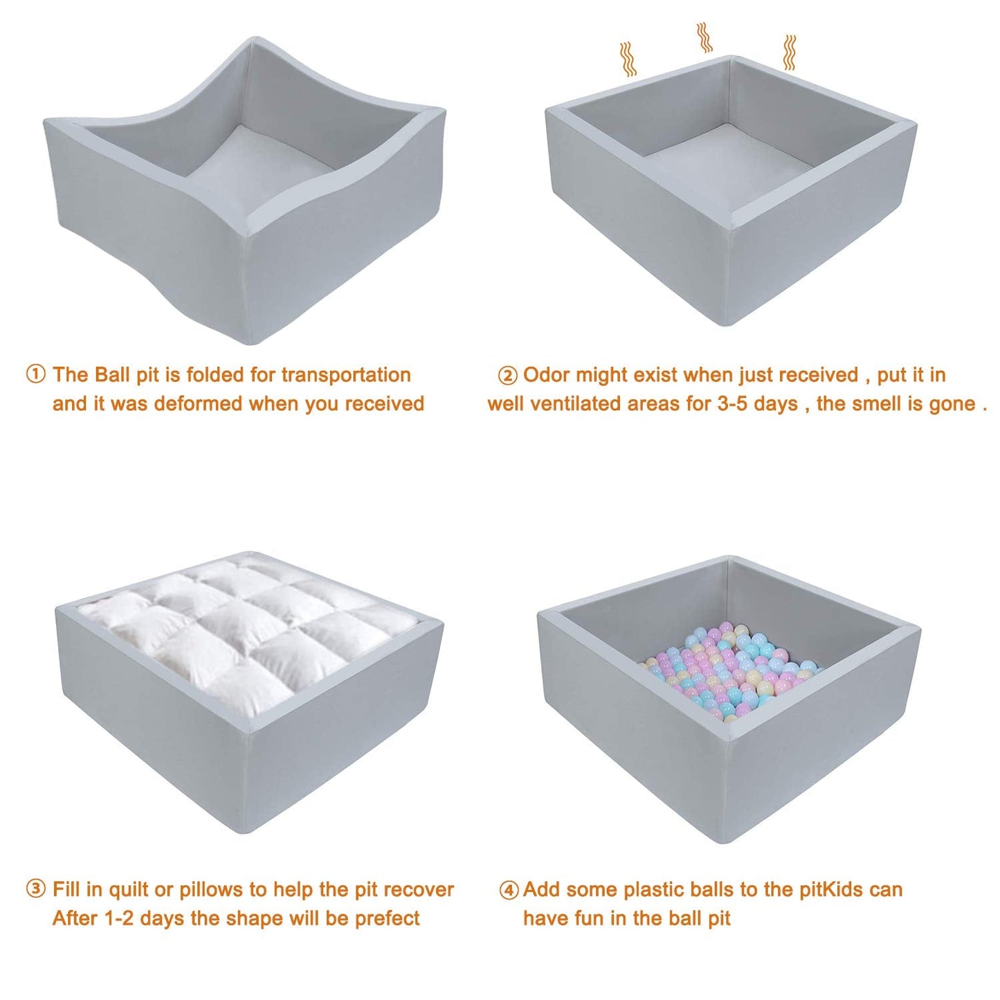 TrendBox Ball Pit Memory Foam Square 35.4x35.4x13.8 in – Cozy Safe Toddler Play Space (Light Gray)