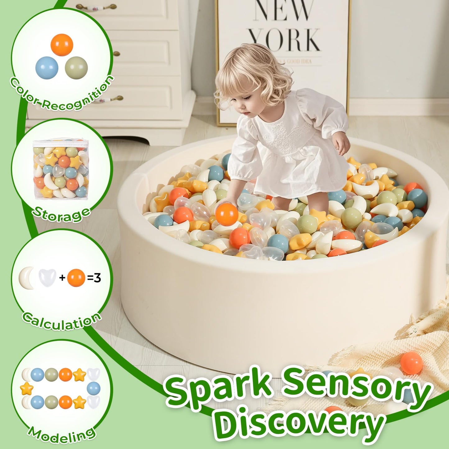 TRENDPLAY Star Ball Pit Balls 100-Piece Set – Mixed Shapes (Stars, Moons, Hearts) in Cream, Orange, Green, Blue, Clear