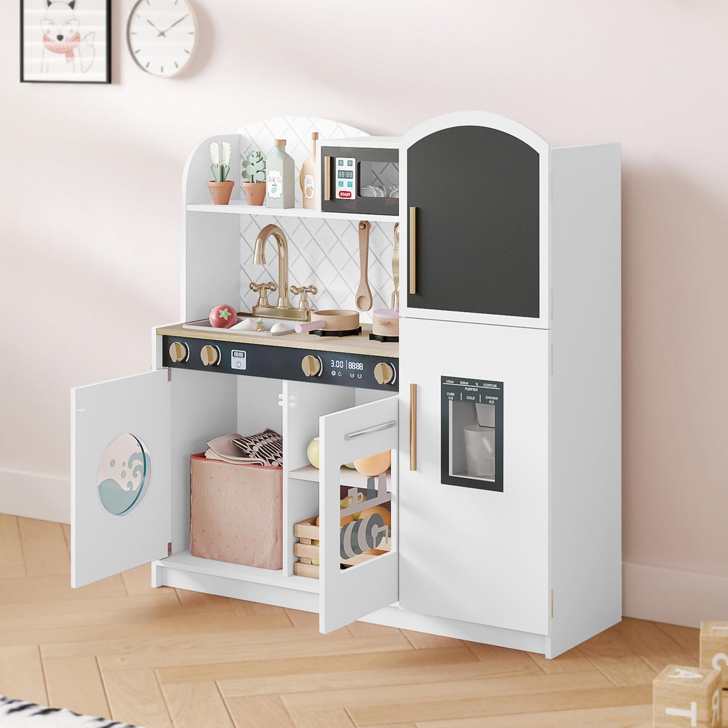 Treocho Play Kitchen for Kids – Wooden Toddler Kitchen Set with Storage (White)