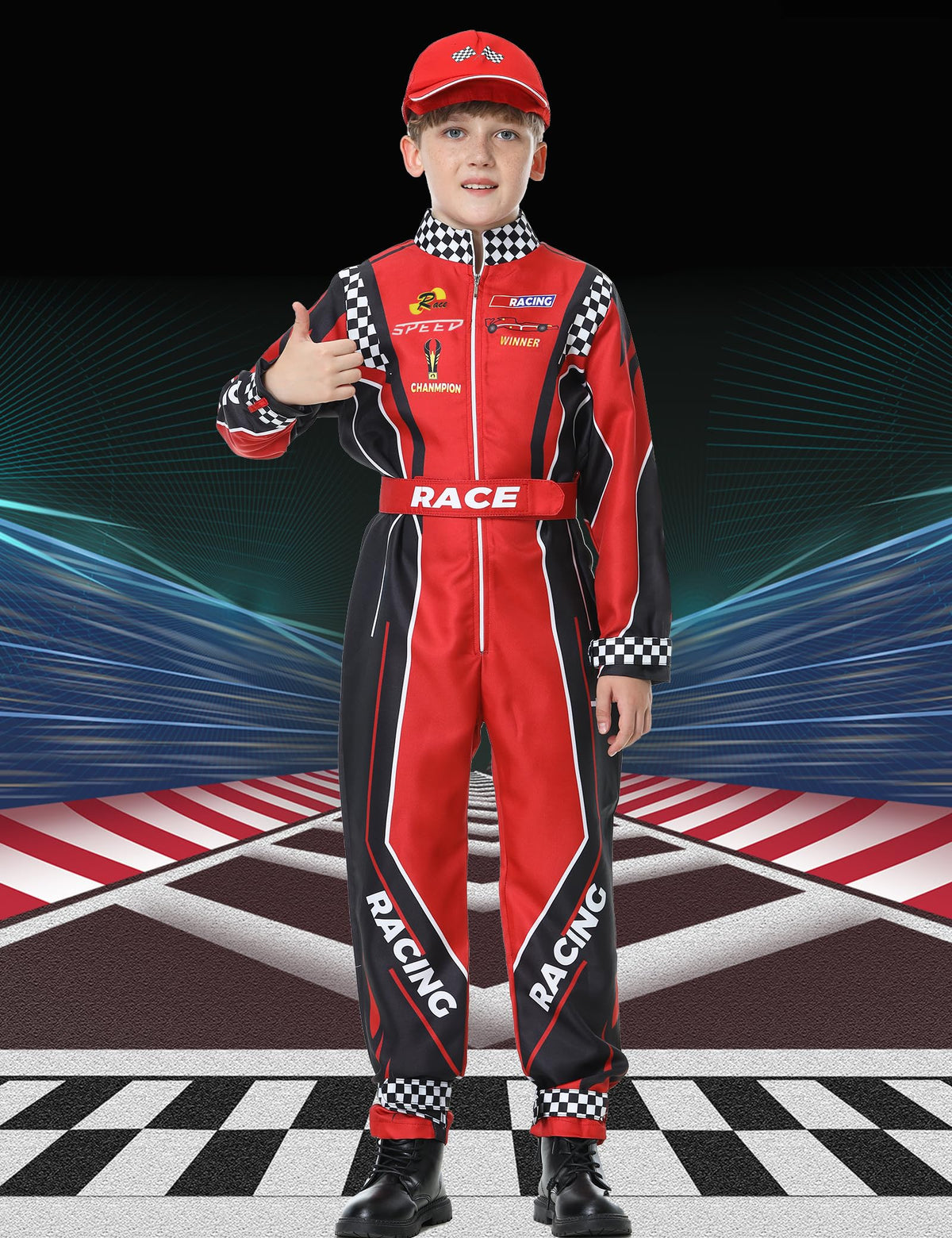 Treyrea Race Car Driver Costume for Boys – Red Jumpsuit with Car Cap | Halloween Dress-Up
