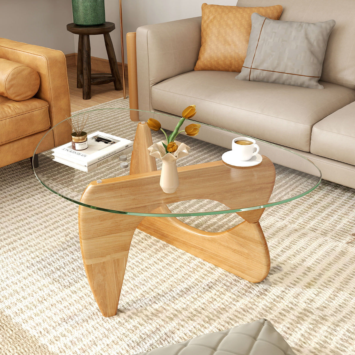 Triangle Coffee Table End Table with Tempered Glass Top-Natural