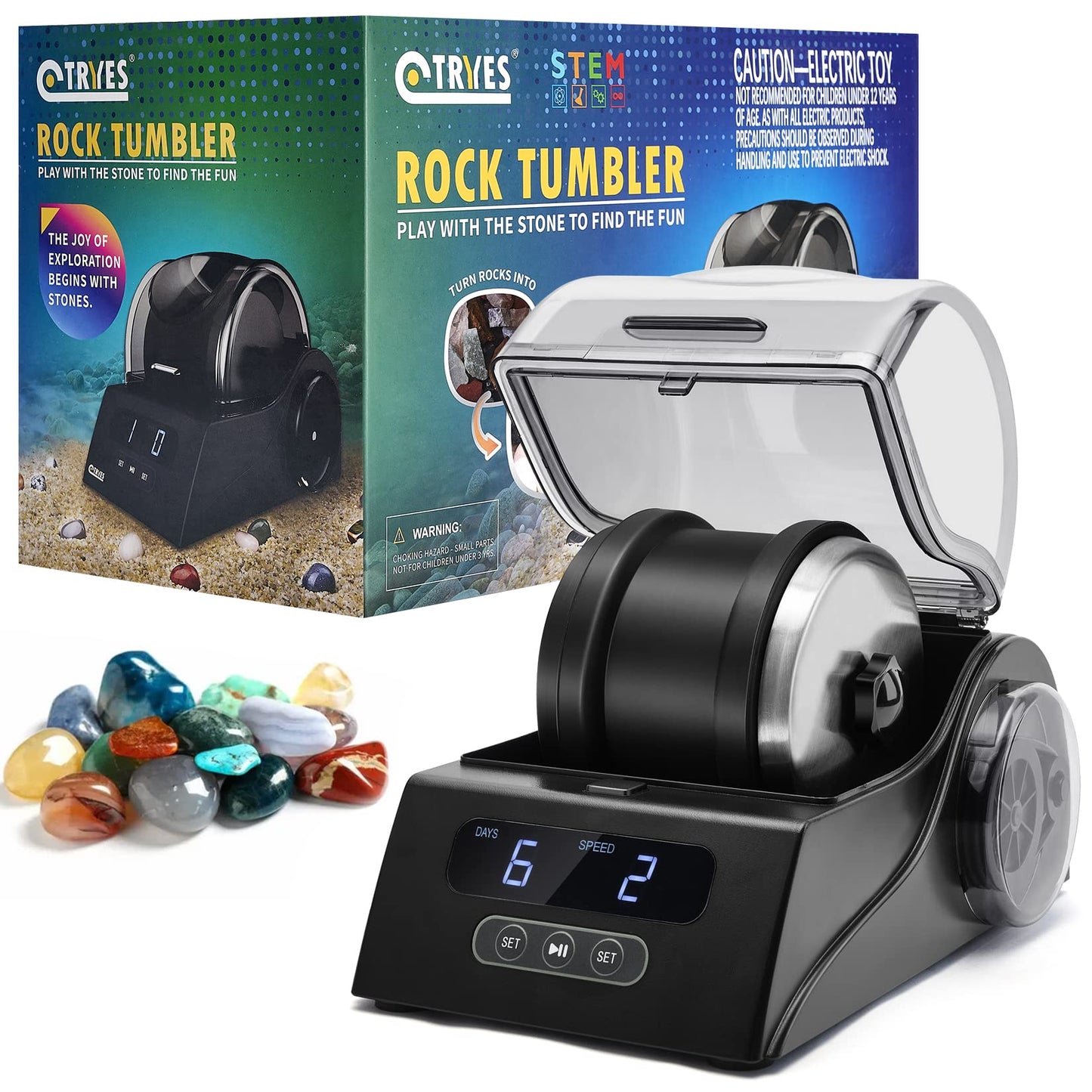 Tryes Rock Tumbler Kit Adults – Quiet, Adjustable Speed & Timer, Includes Grits, Gemstones & Learning Guide