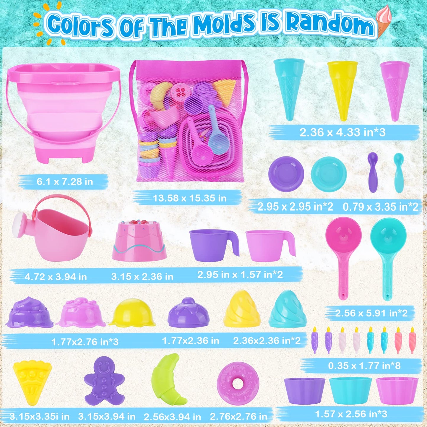 TSDATOWR Ice Cream Beach Toys Set - 36-Piece Collapsible Sand Toys for Kids