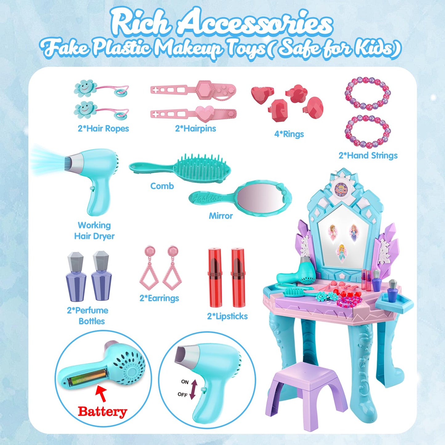Tsomtto Frozen Vanity Table & Chair Set — Lights, Music, Mirror for Toddlers (Ages 2–5)