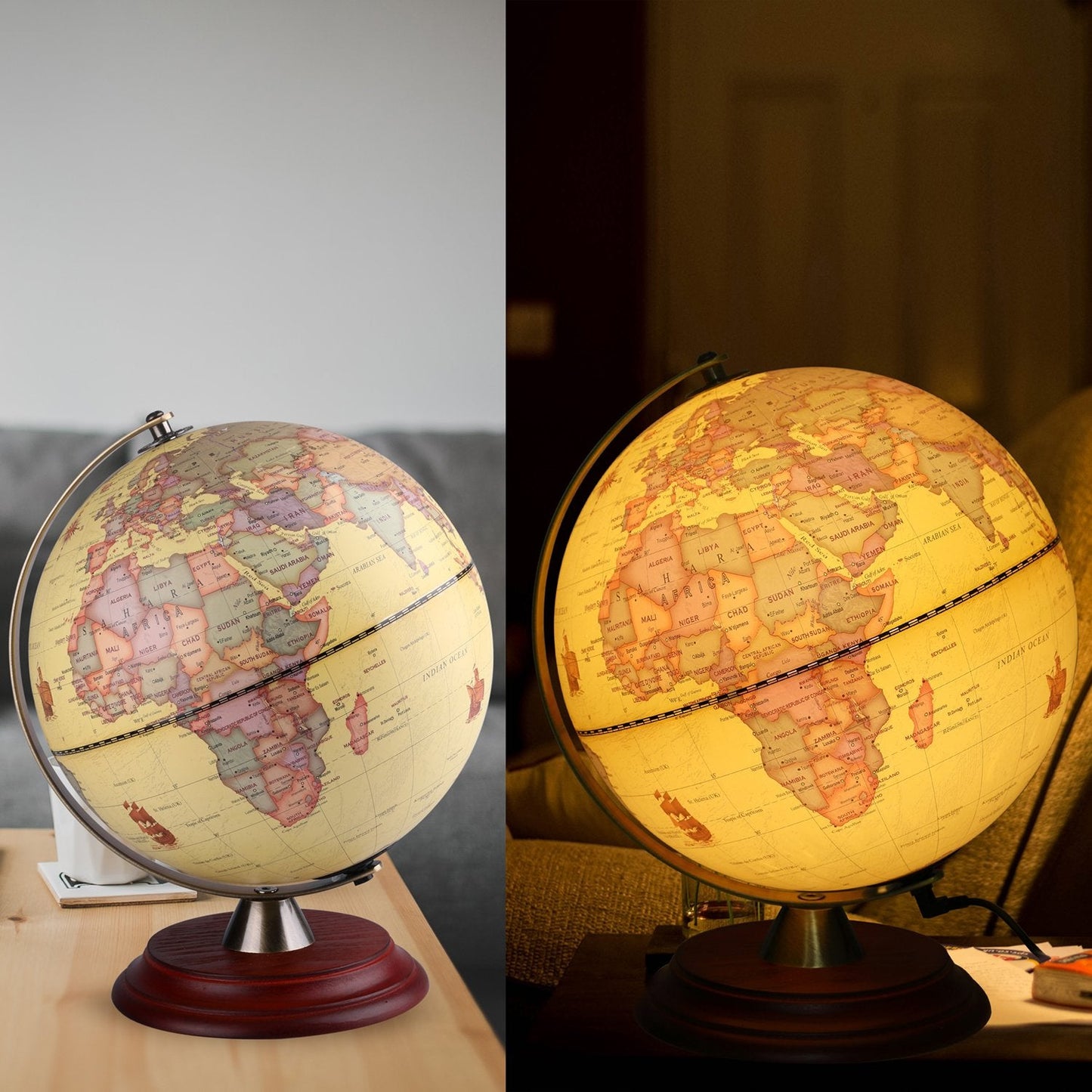 TTKTK Illuminated World Globe with Wooden Stand | 8-Inch LED Desk Globe