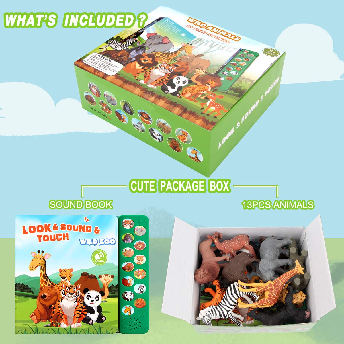 Tudoccy Safari Animals Figures Toys – 13 Realistic Wild Animals + Sound Book for 3+