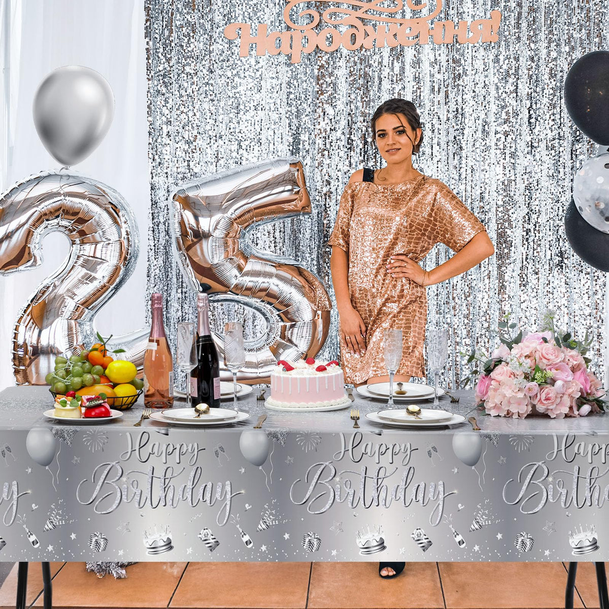 Tudomro 3 Pcs Happy Birthday Tablecloths – 54 x 108 in Silver Plastic Covers