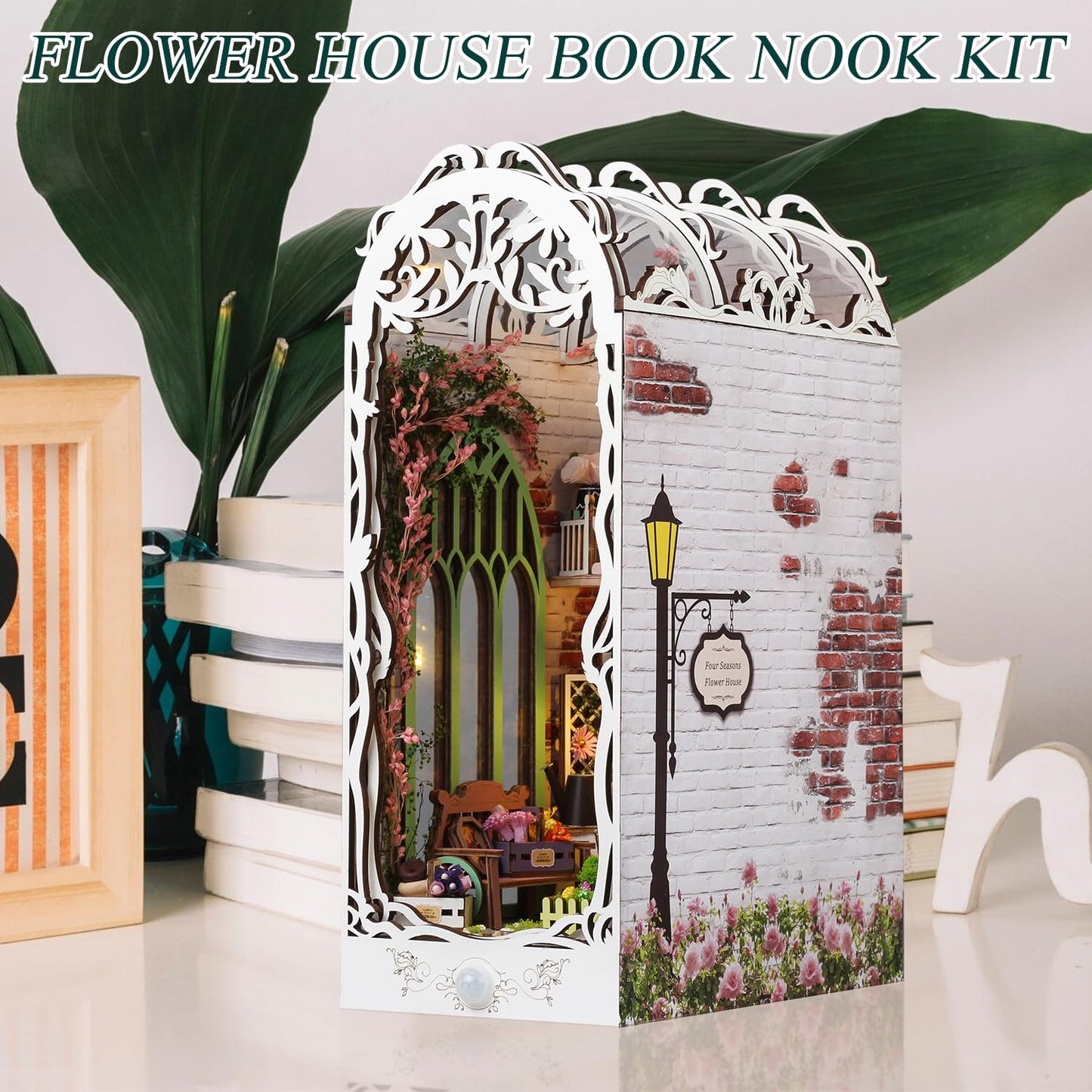 TuKIIE DIY Book Nook Kit with Sensor Light — Wooden Bookend Stand (Flower House)