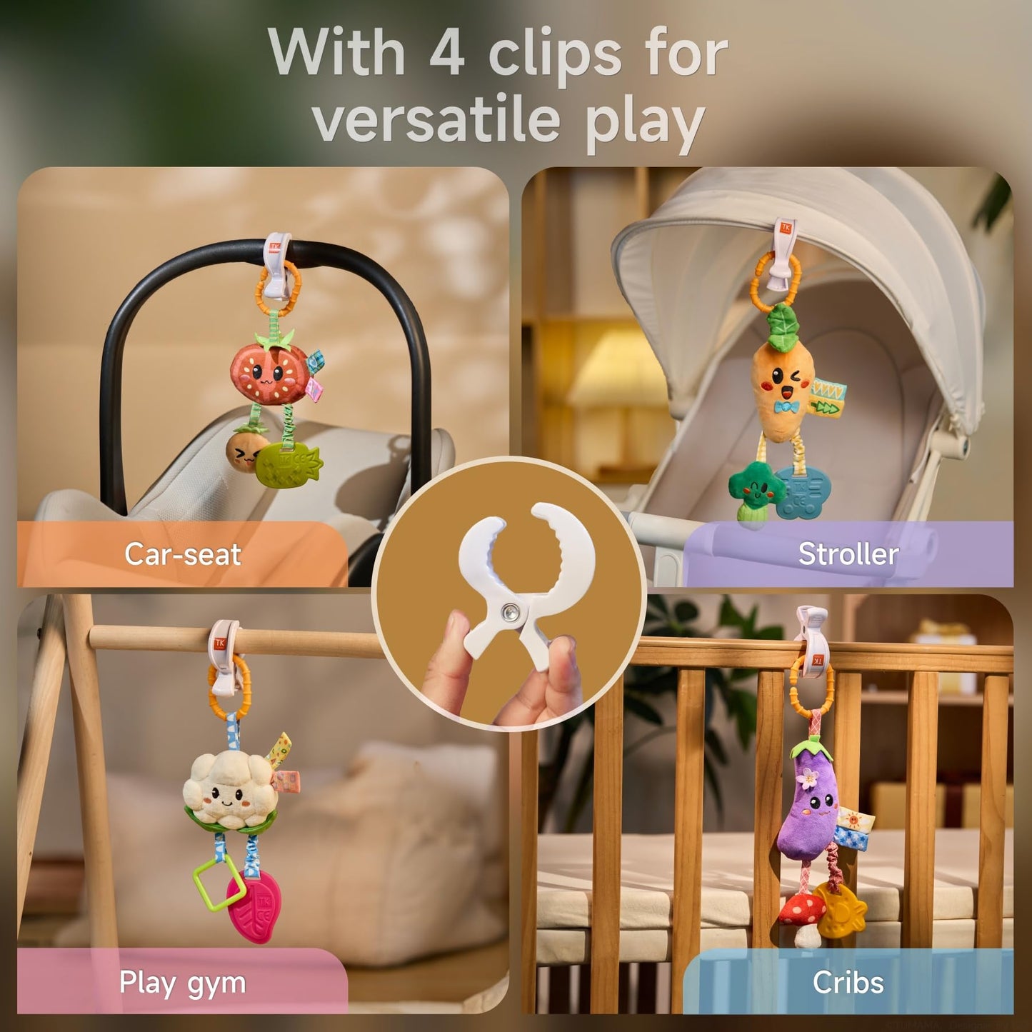 TUMAMA KIDS Hanging Vegetable Plush Toy Set – 4 Colorful Crib & Stroller Toys with Rattle