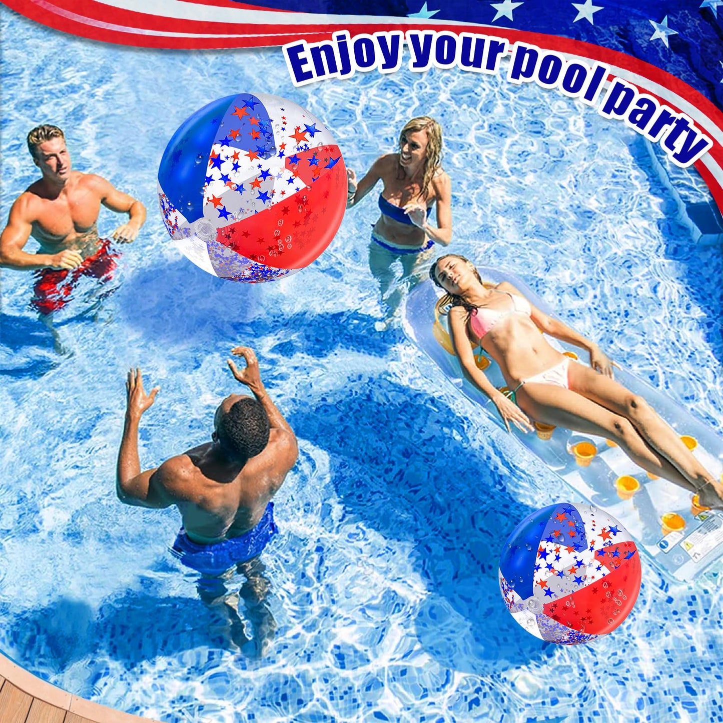 TURNMEON 5 Pack Patriotic Sequin Beach Balls – 24in & 16in Red White Blue Glitter Inflatable Balls