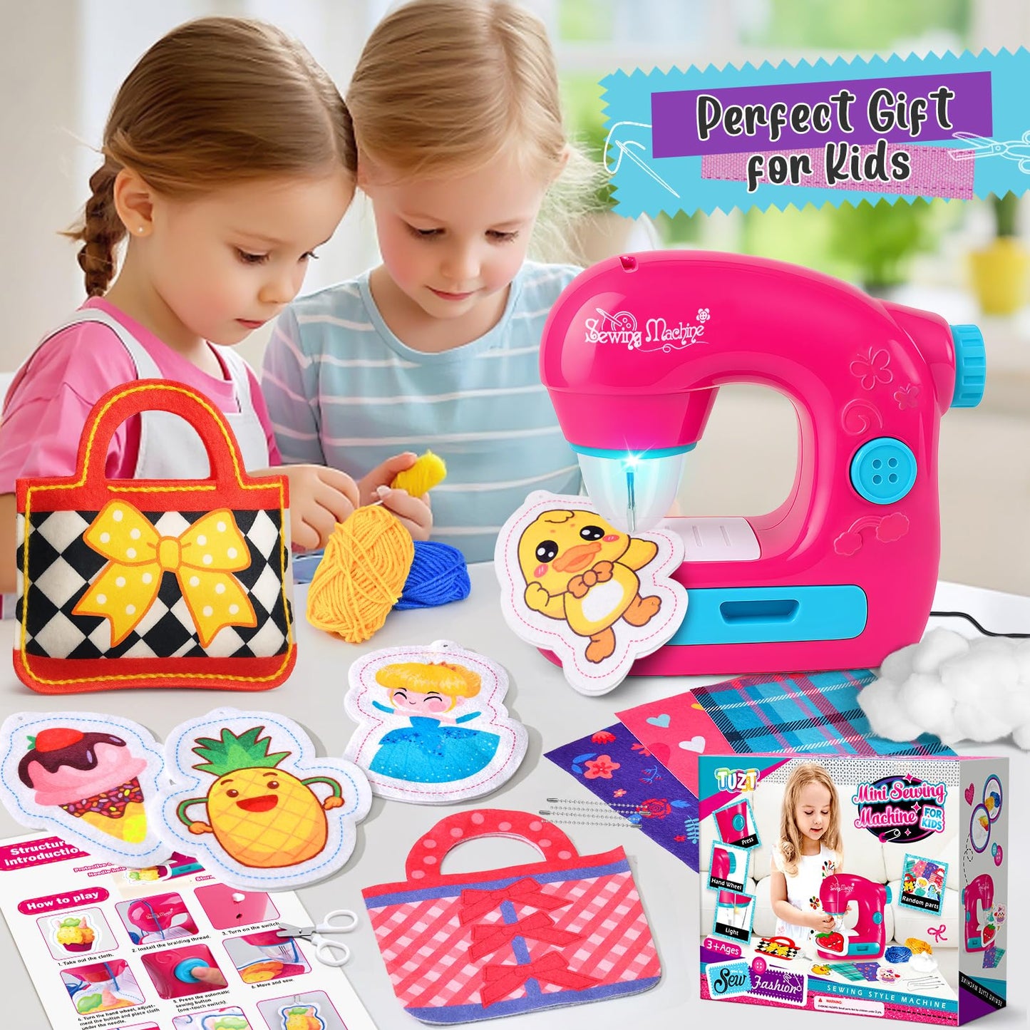 TUZT Mini Sewing Machine Toy Kit for Kids 4-12 | 22-Piece Portable Sewing Set