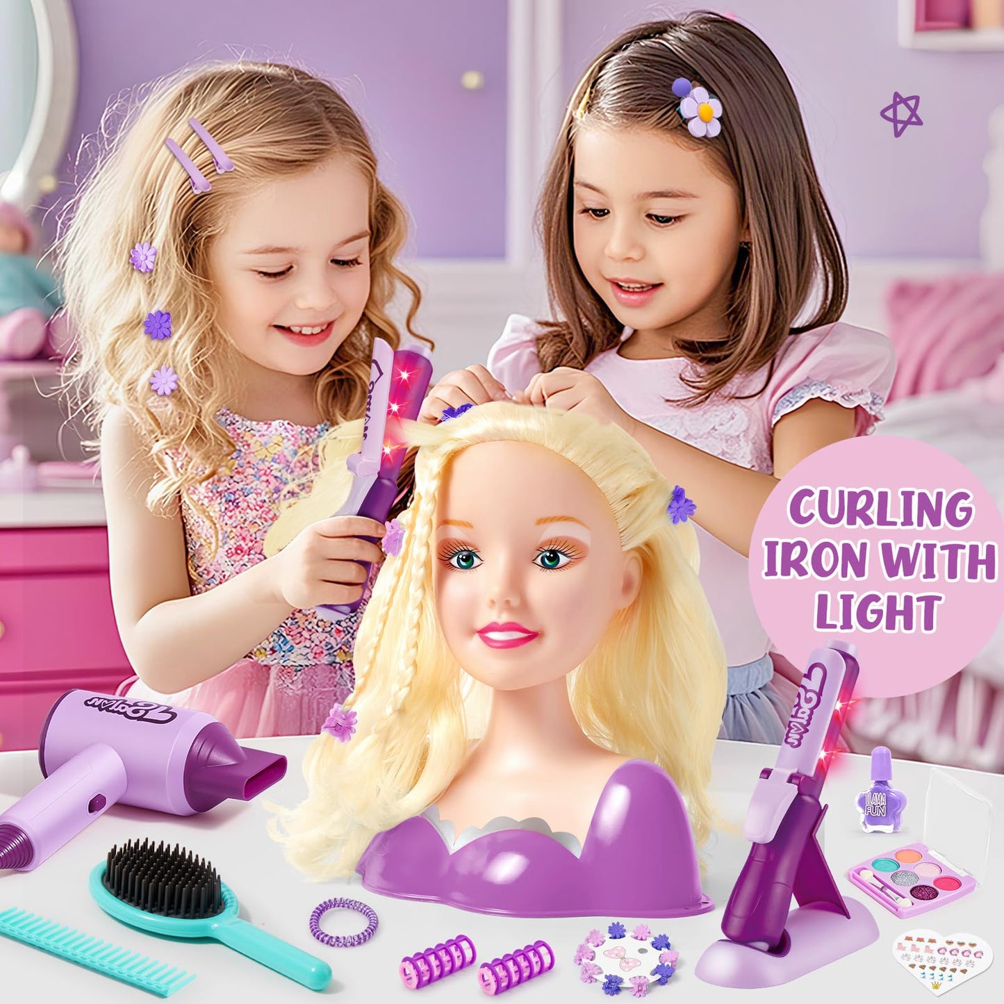 TUZT Hair Styling Doll Head Kit for Kids — 34-Piece Salon Playset with Realistic Dryer & Curling Iron