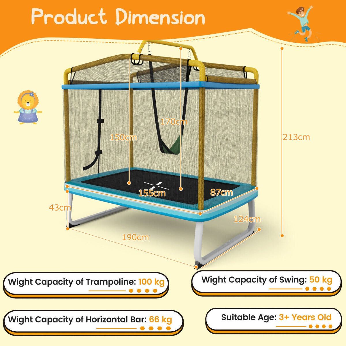 190CM 3-in-1 Kids Rectangle Trampoline with Enclosure Net and Horizontal Bar-Orange