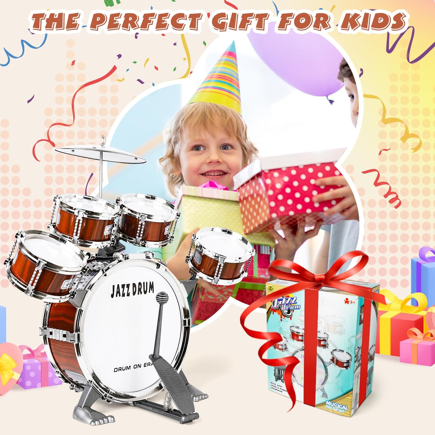 TWFRIC Toy Drum Set for Toddlers & Kids – 5-Drum Jazz Kit with Stool & Pedal (Ages 3-5)