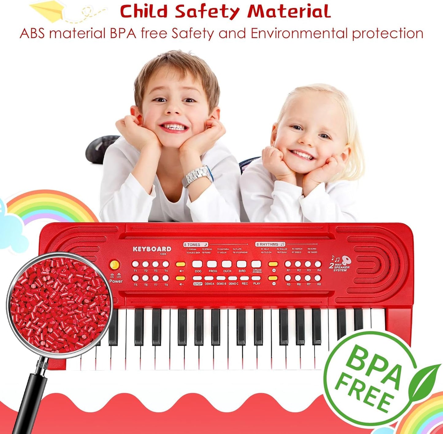 TWFRIC Kids 37-Key Toy Piano Keyboard with Dual Speakers & Mic – Ideal 3-8 Year Old Gift (Red)