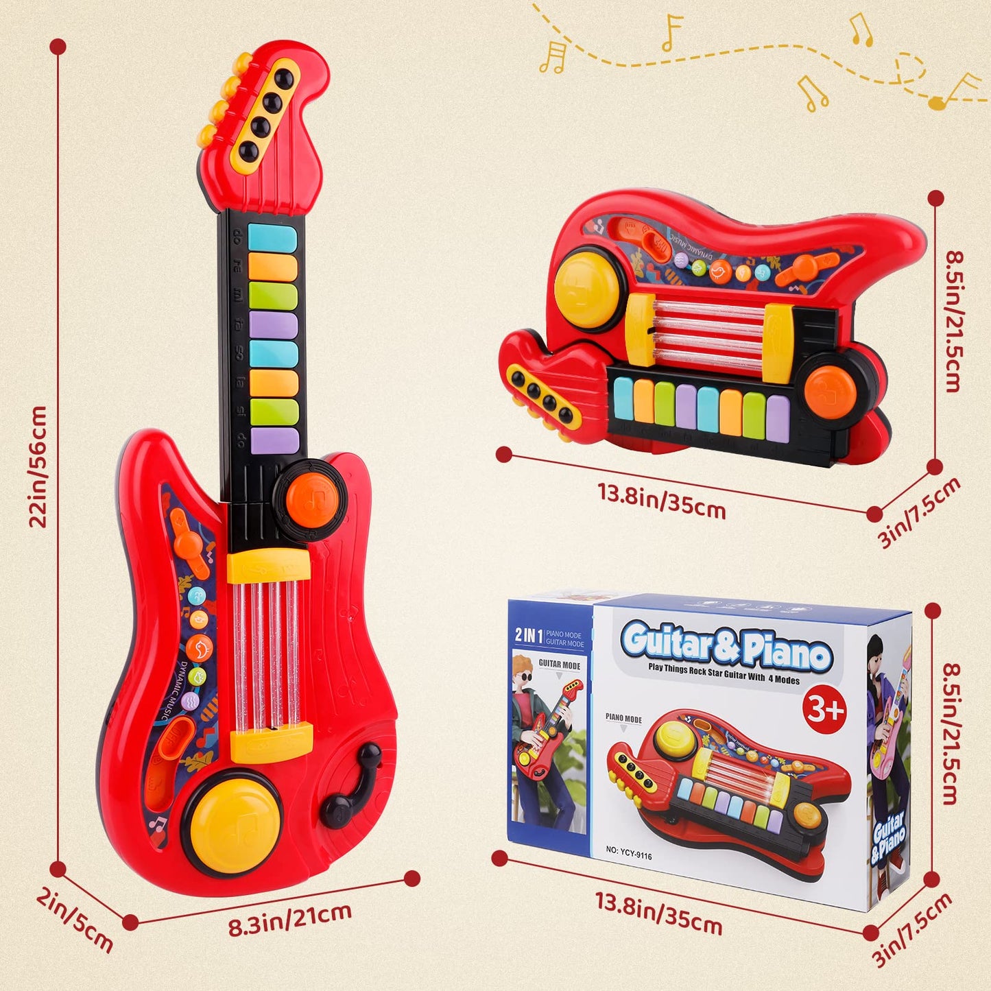 TWFRIC Kids Guitar 2-in-1 Musical Instrument Toy with Strap – Piano & Guitar for 3-5 Year Olds (Red)