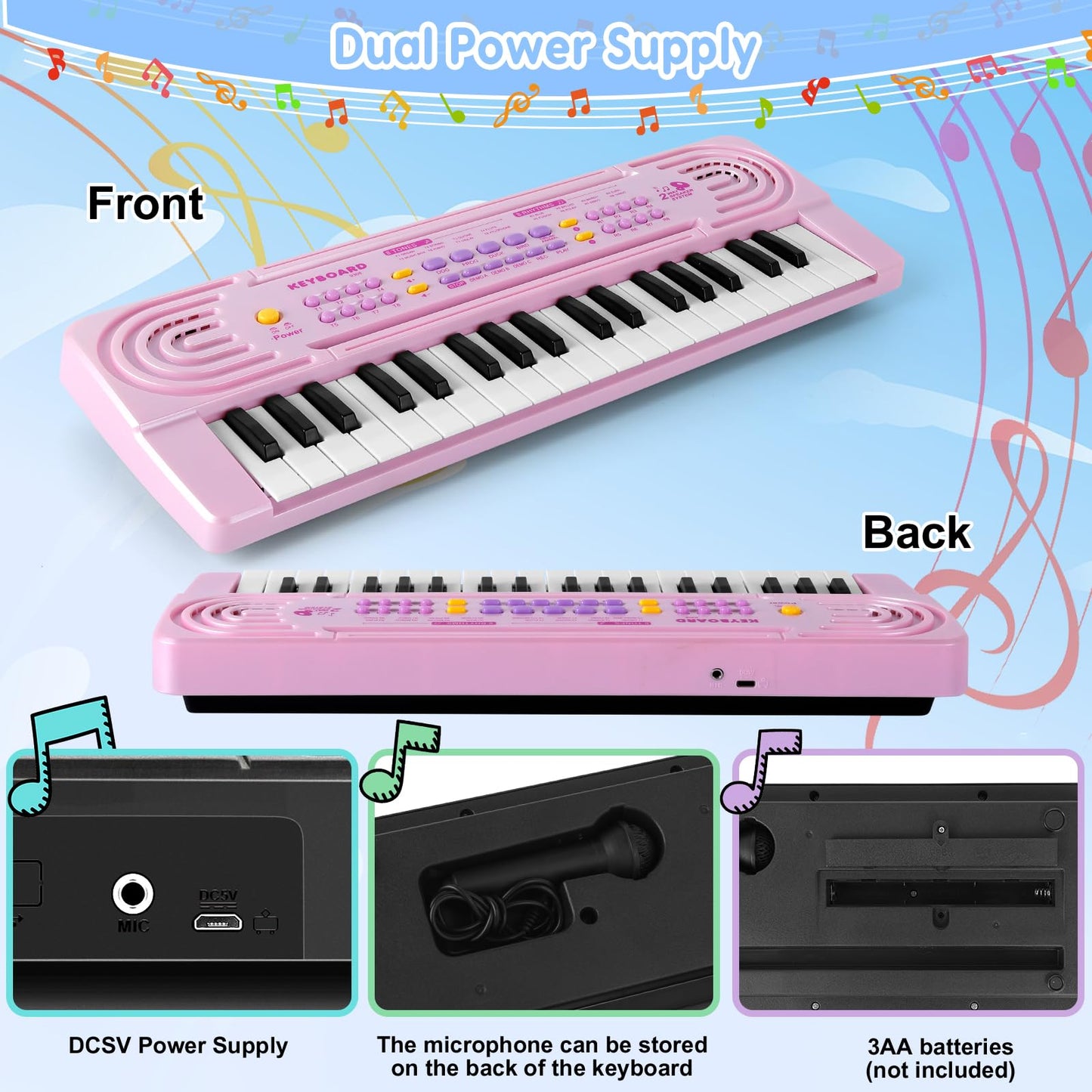TWFRIC Kids 37-Key Pink Toy Piano – Dual Speakers, Record & Playback, Microphone, Ages 3–8