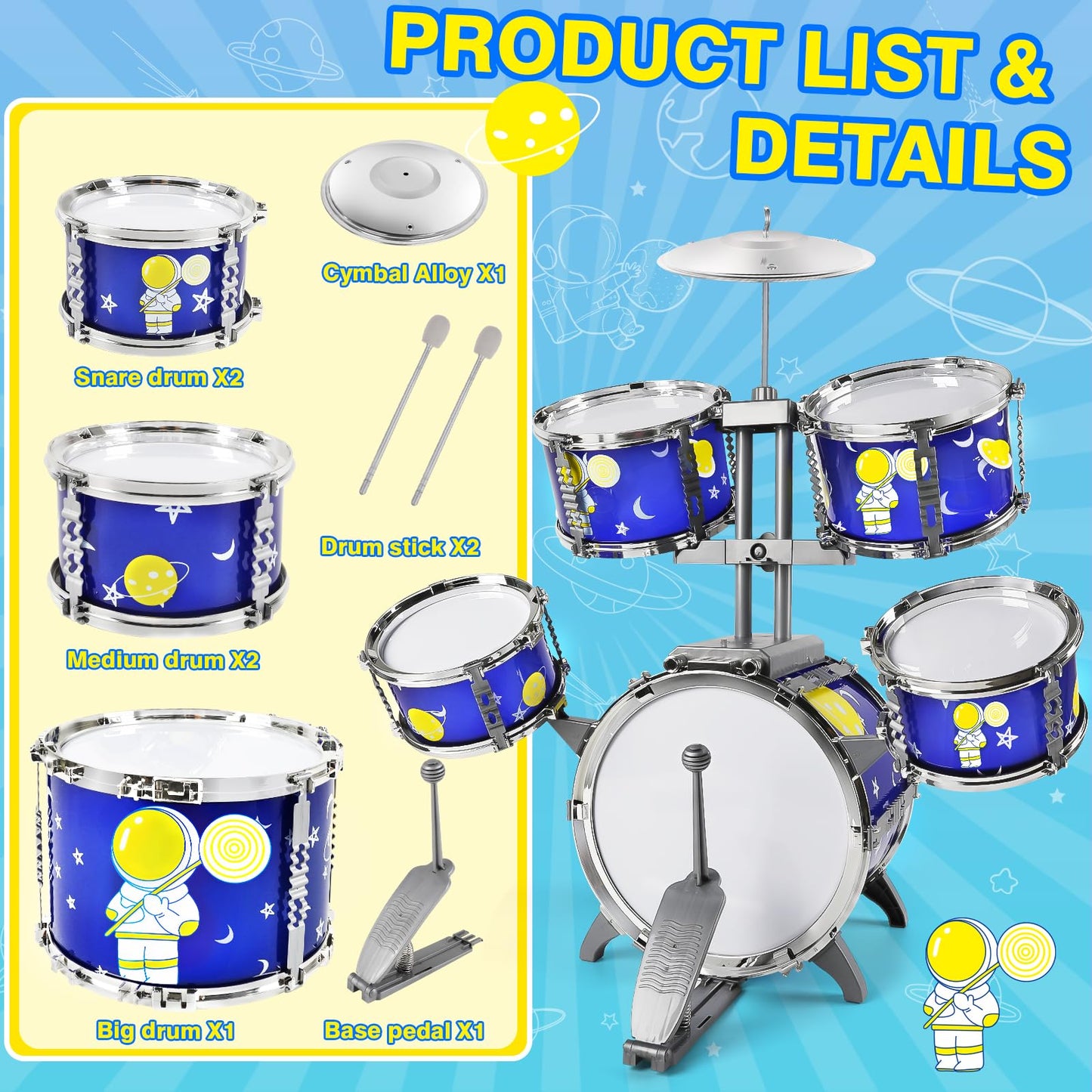 TWFRIC Toddler Drum Set Toys for Boys 3-5 – 5-Drum Jazz Kit with Bass Drum & Stool