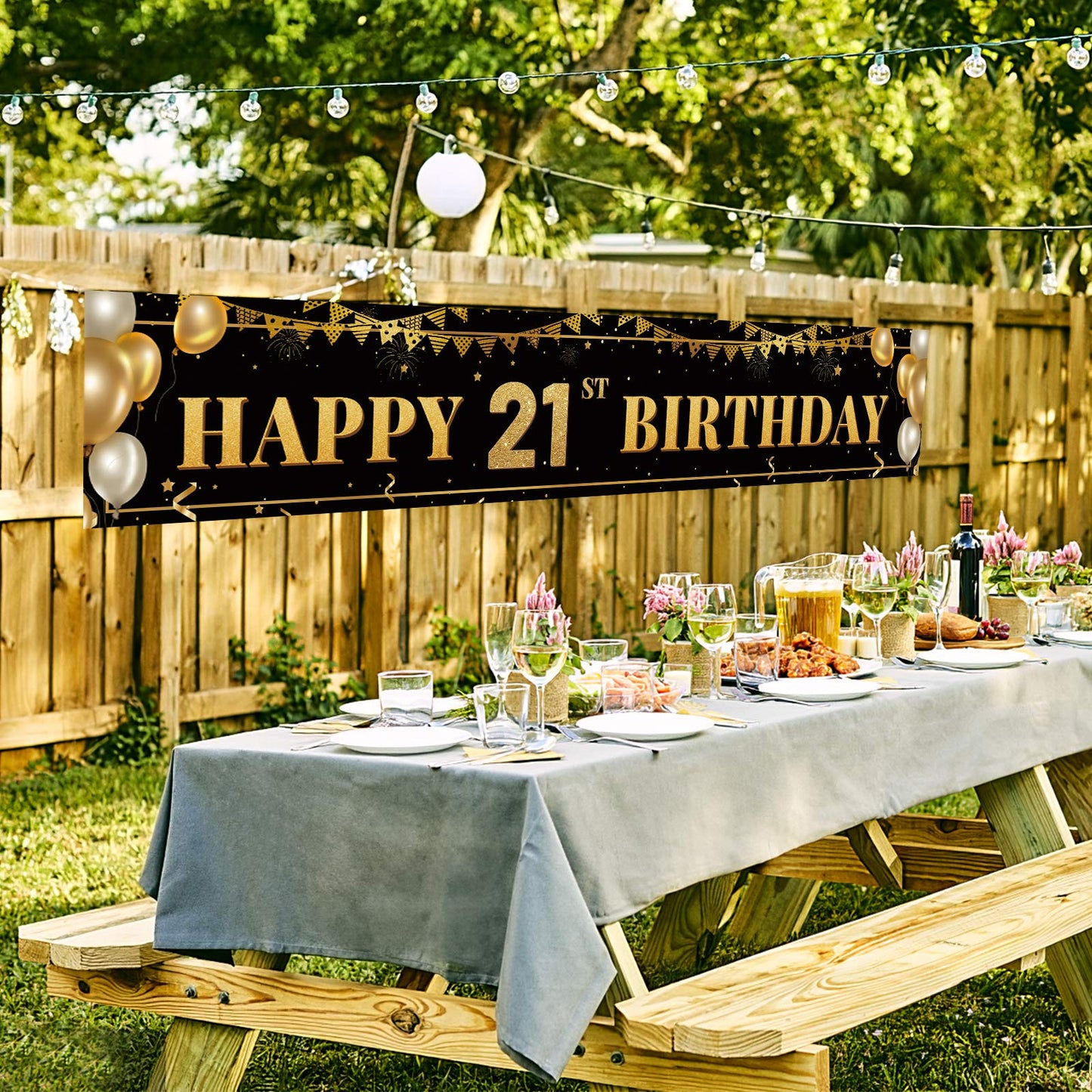 TZSS Large Happy 21st Birthday Banner – Black & Gold, 9.8 x 1.6 ft